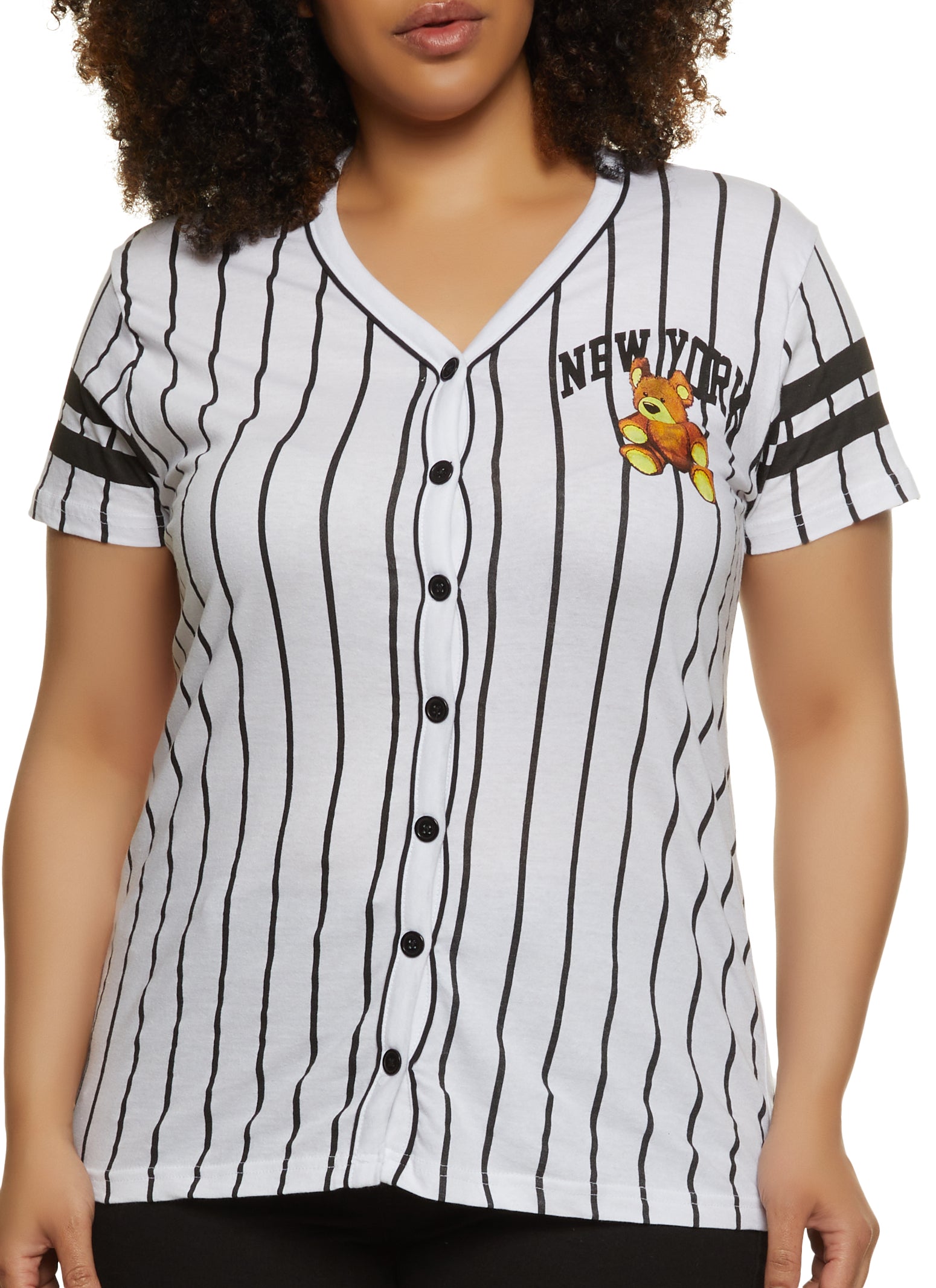 Womens Plus Size New York Bear Graphic Baseball Shirt, White, Size 1x | Rainbow Shops