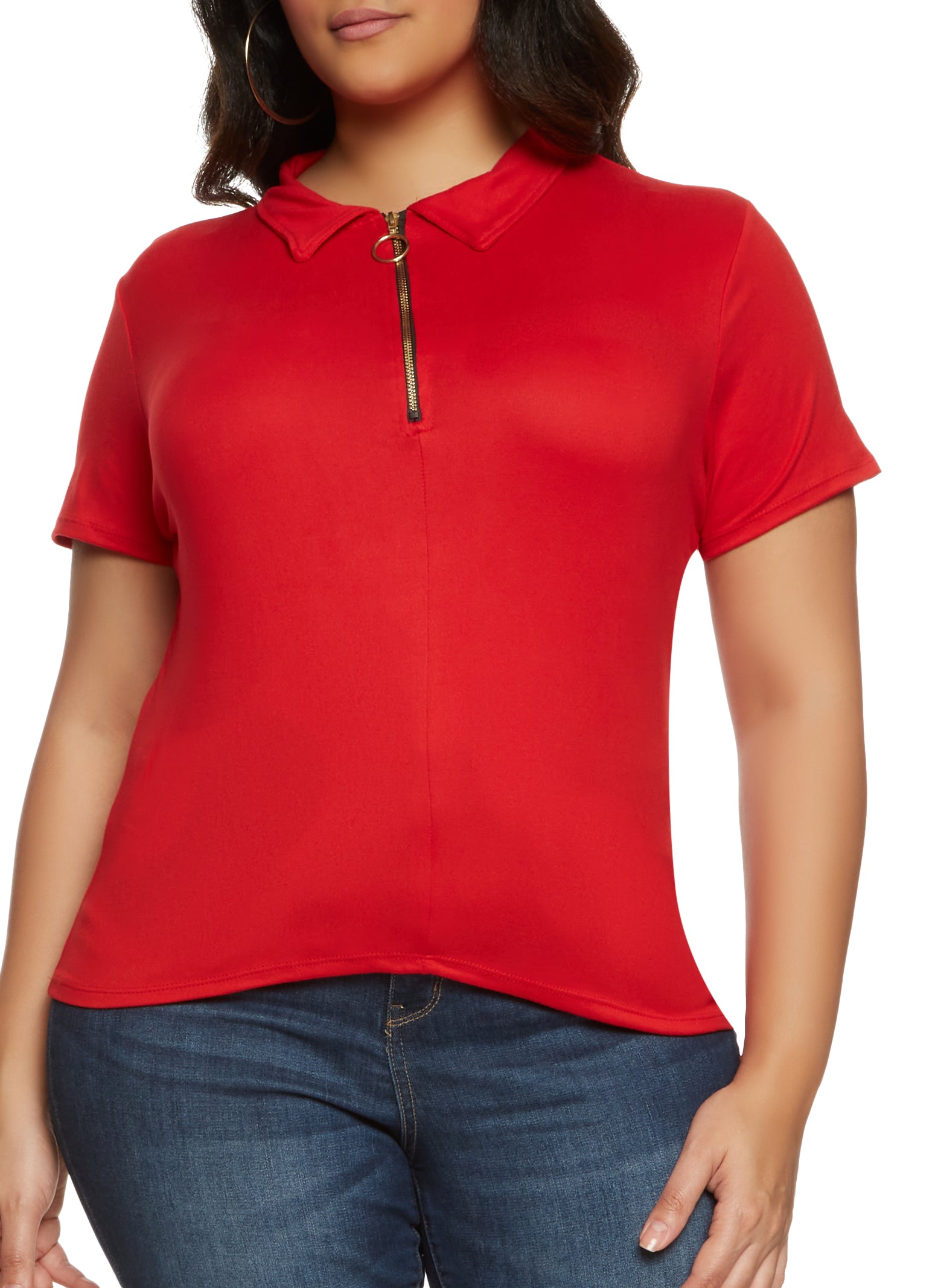 Plus Size Zip Polo Shirt - Red