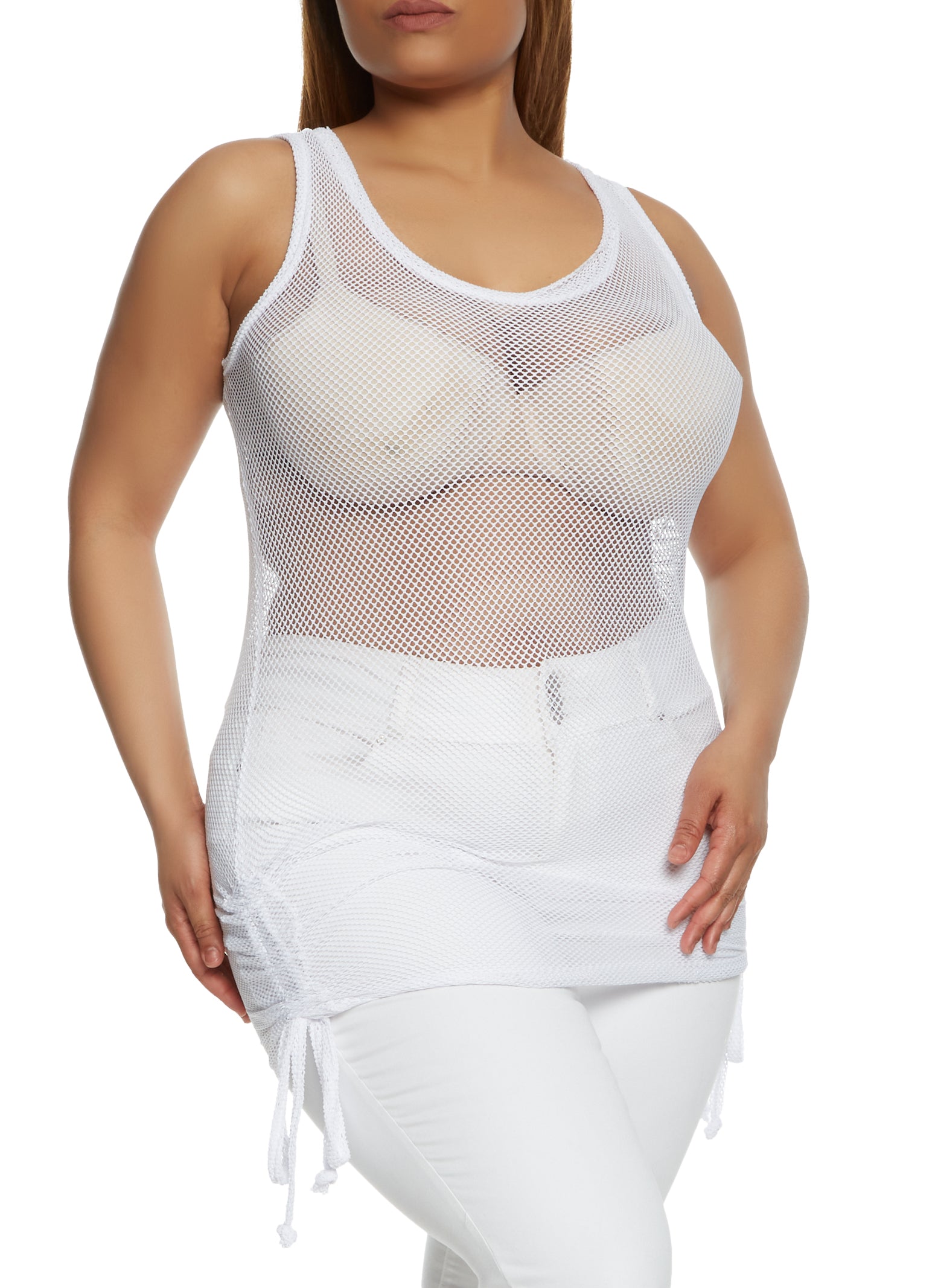 Plus Size Fishnet Side Tie Tank Top - White