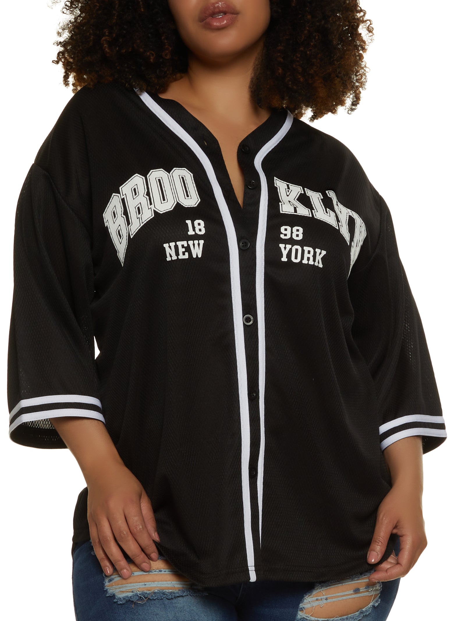 Womens Plus Size Brooklyn Baseball Jersey, Black, Size 1x | Rainbow Shops