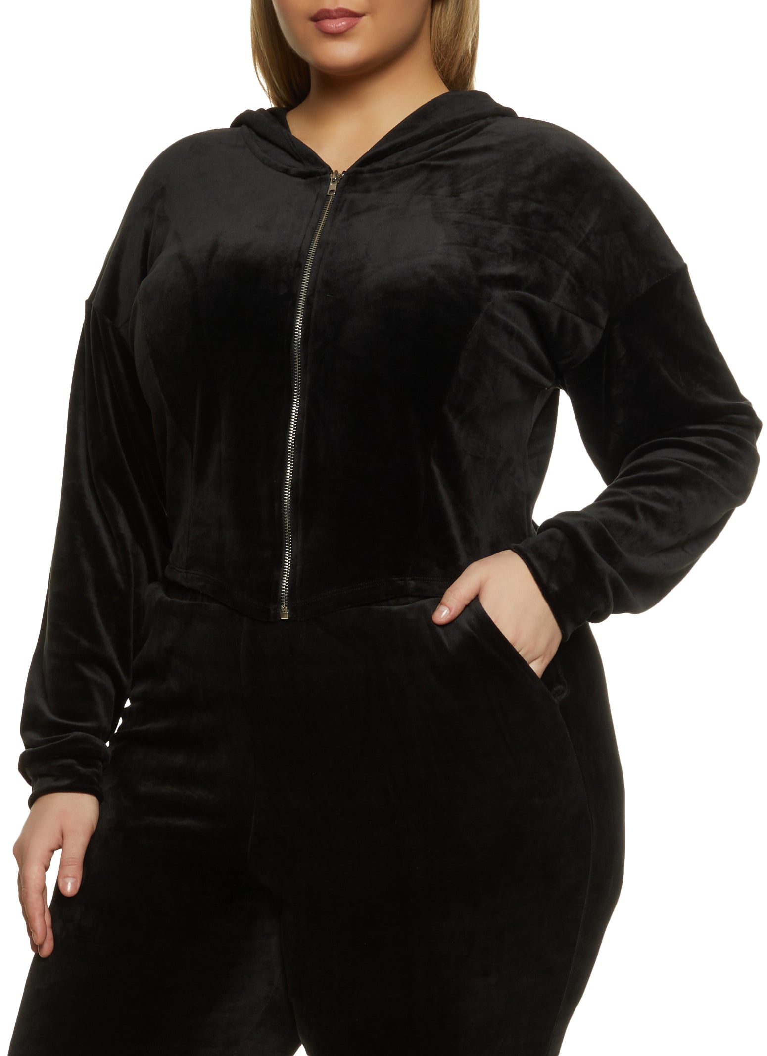Plus Size Velour Zip Front Hoodie