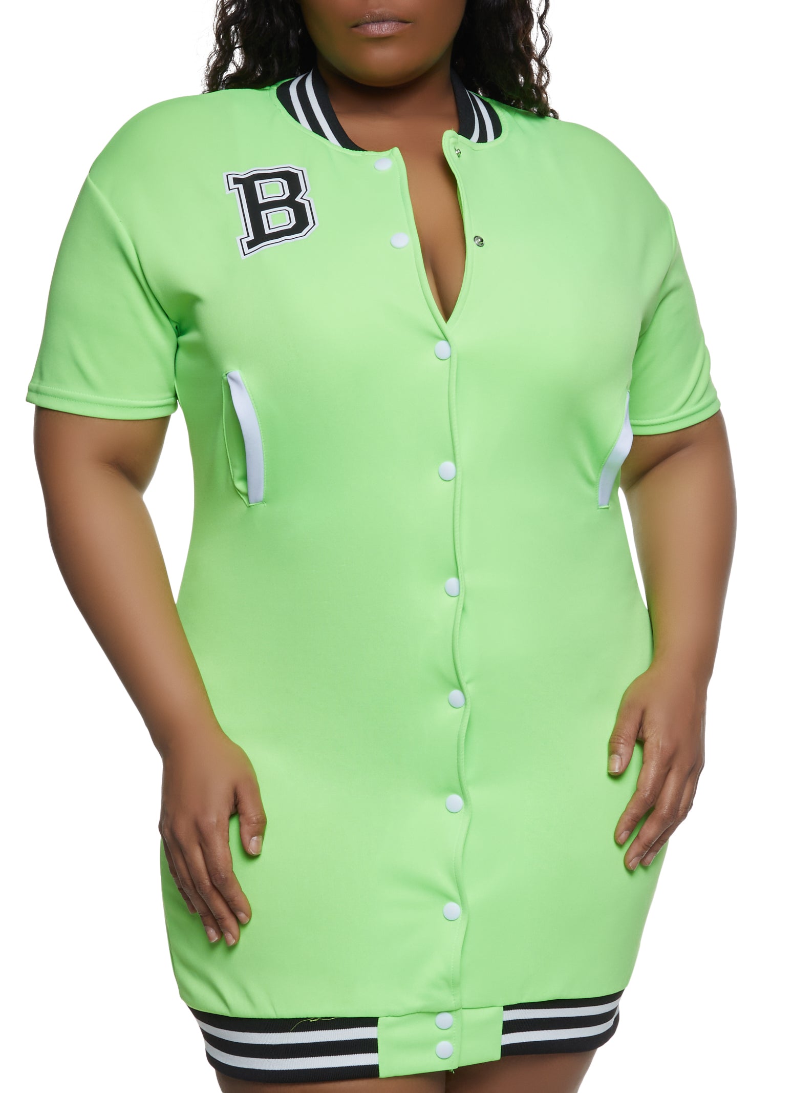 Womens Plus Size Button Front Baseball Jersey Dress, Lime, Size 2x | Rainbow Shops