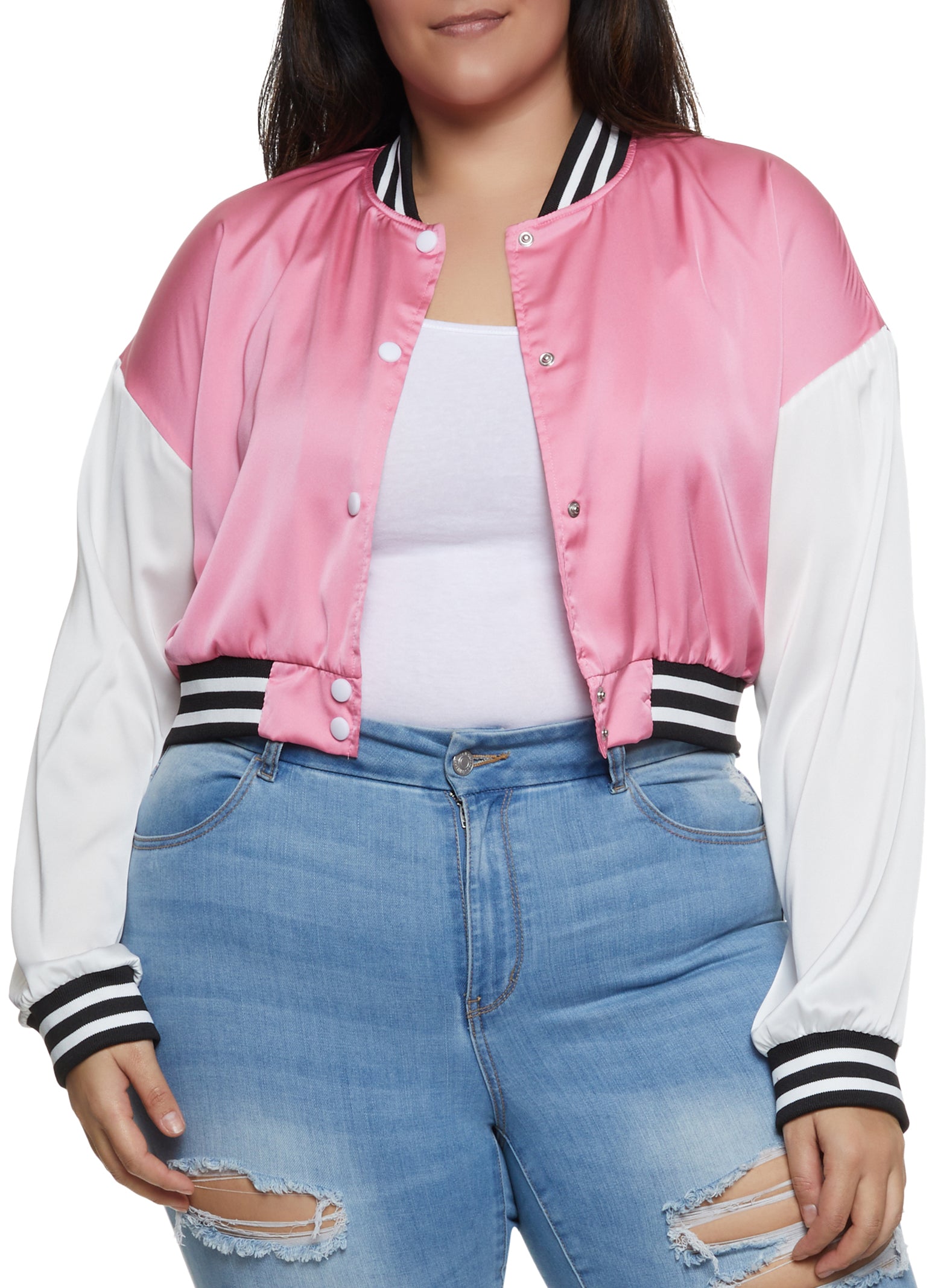 Plus Size Satin Cropped Varsity Jacket