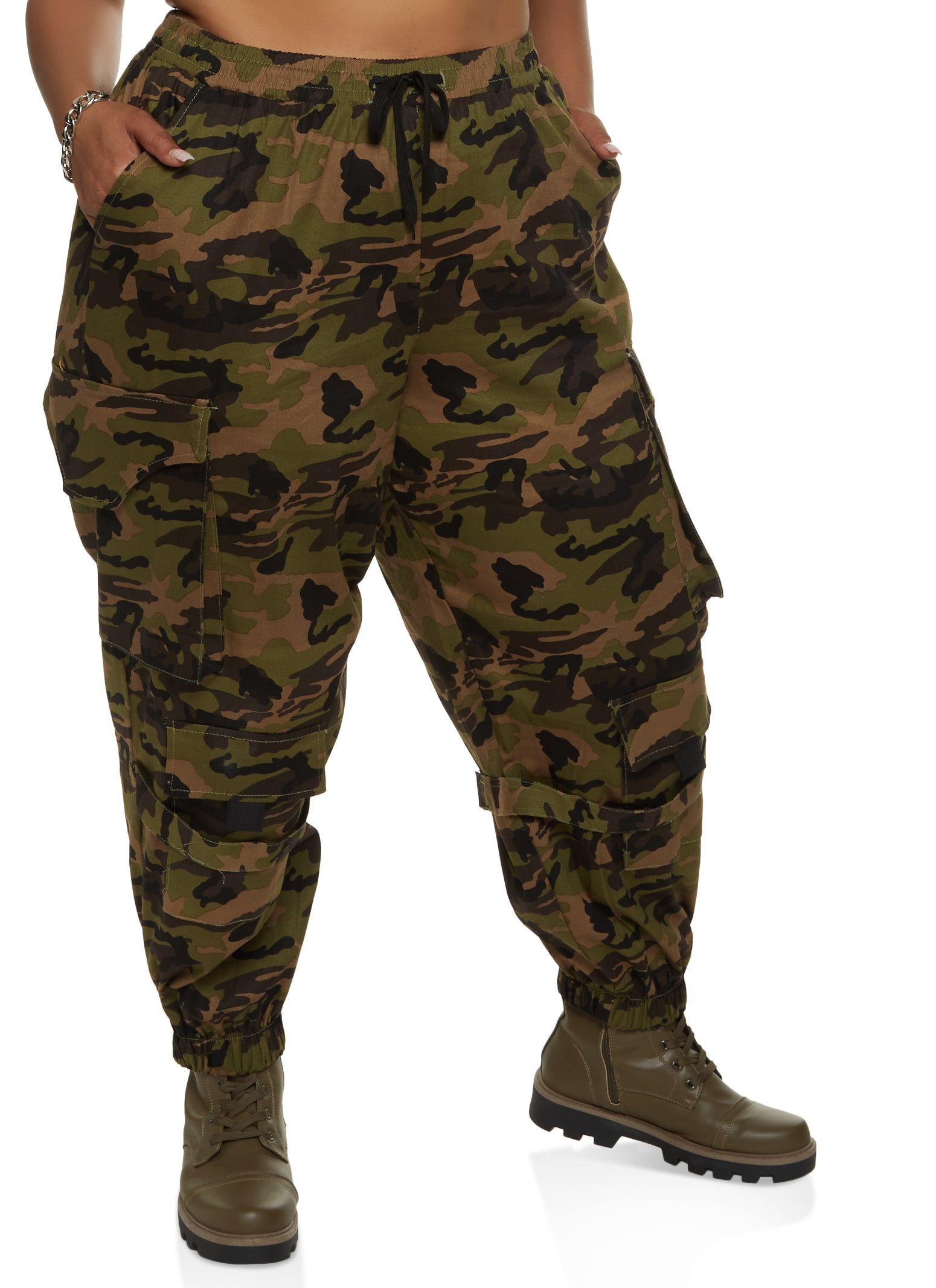 Plus Size Cargo Velcro Strap Joggers