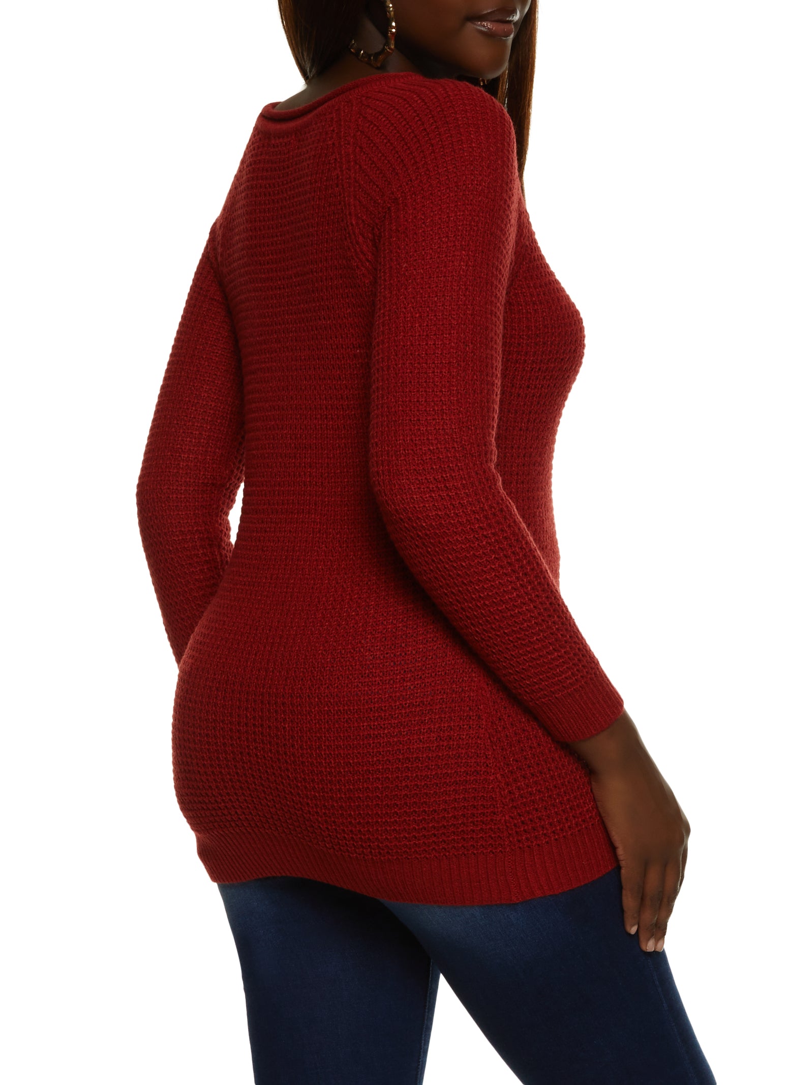 Waffle Knit Crew Neck Pullover Sweater