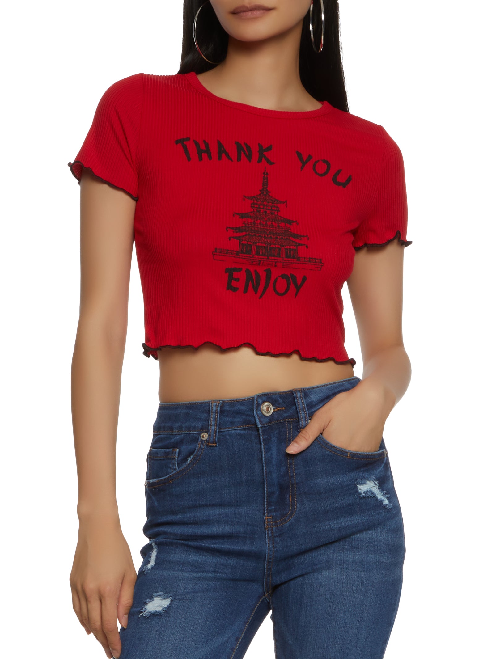 Ribbed Thank You Enjoy Graphic Tee - Red