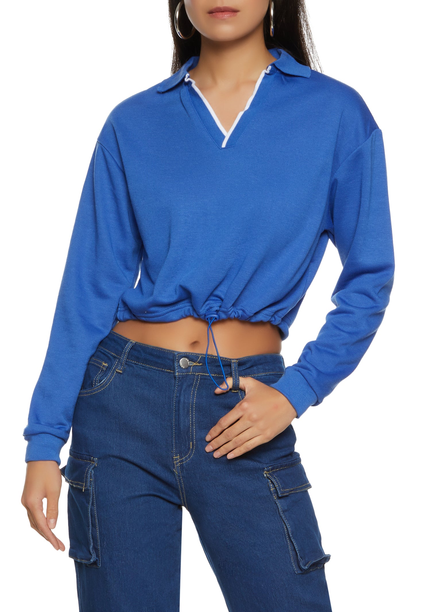 Contrast Trim Drawstring Hem Sweatshirt