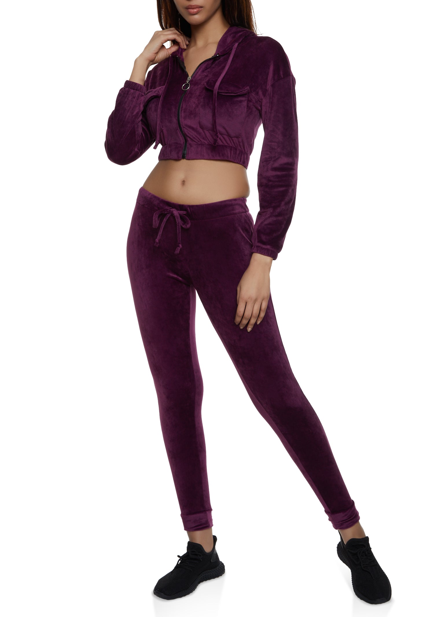 Front Pocket Velour Zip Up Hoodie