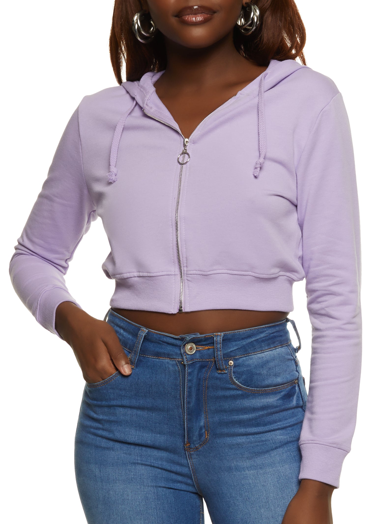 French Terry Cropped Zip Up Hoodie - Lavender