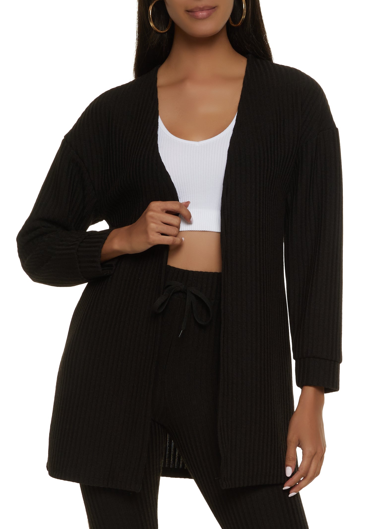 Basic Ribbed Knit Cardigan - Black