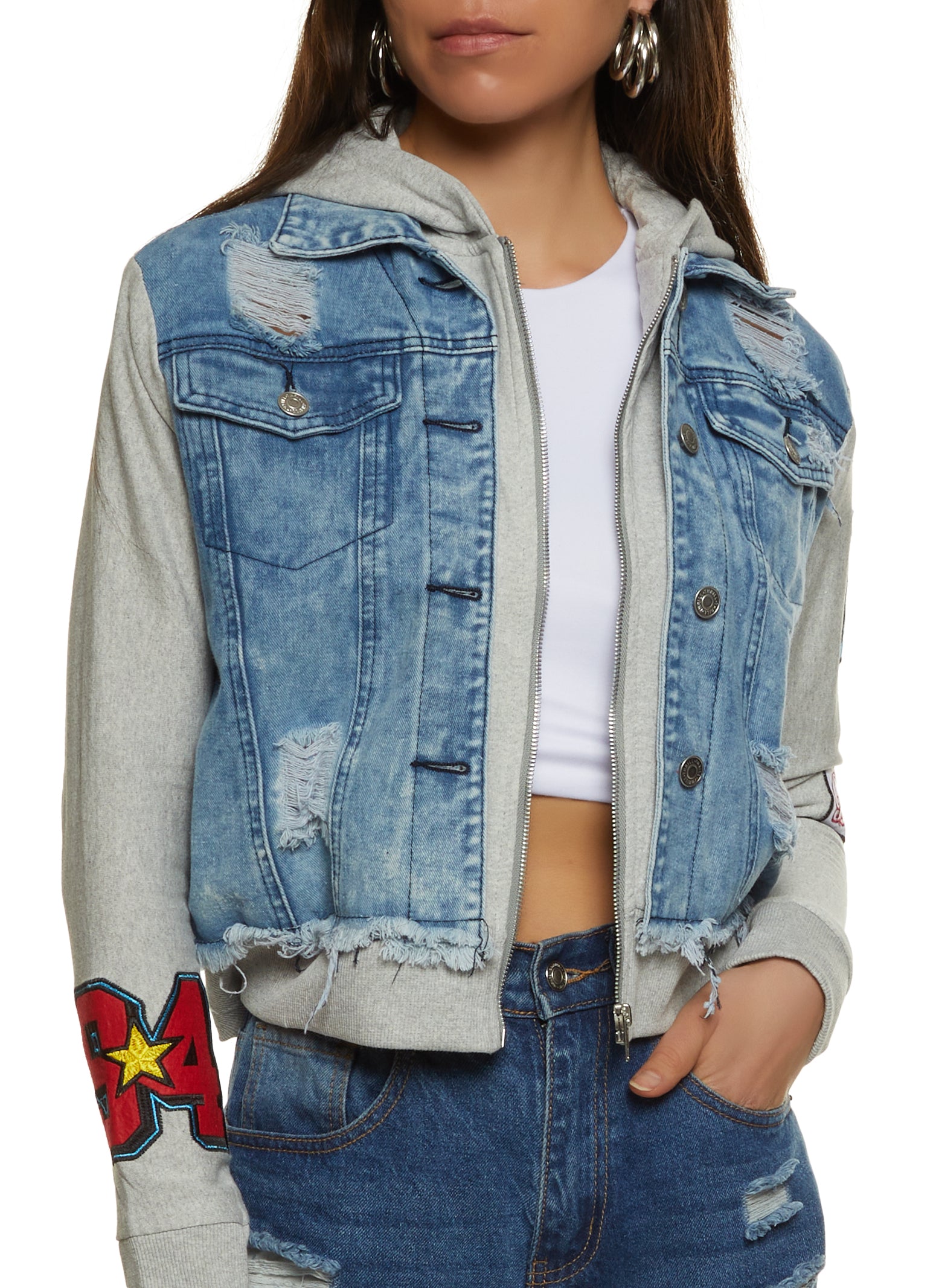Fleece Sleeve Hooded Denim Jacket