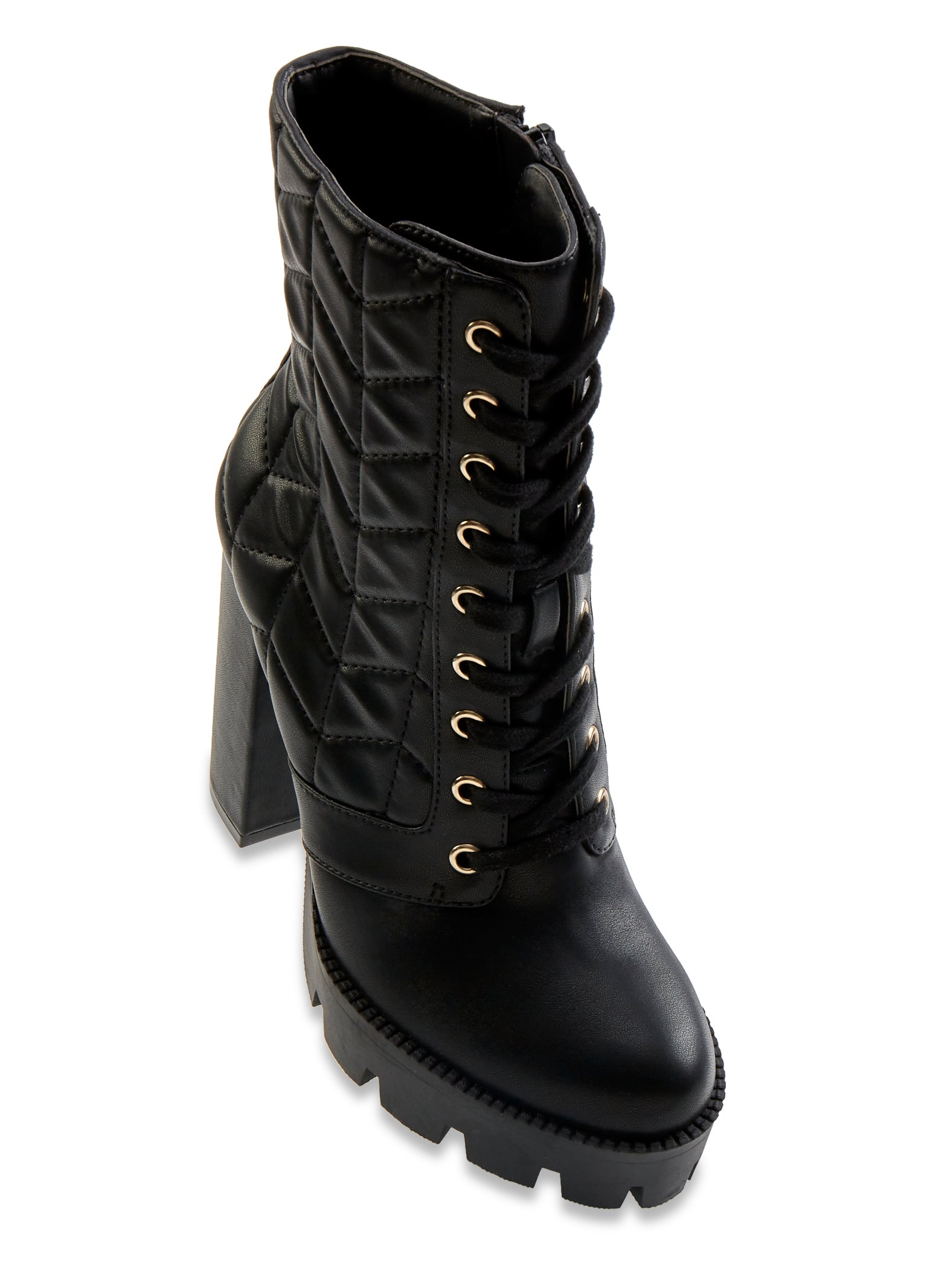 Quilted Lace Up Booties - Black