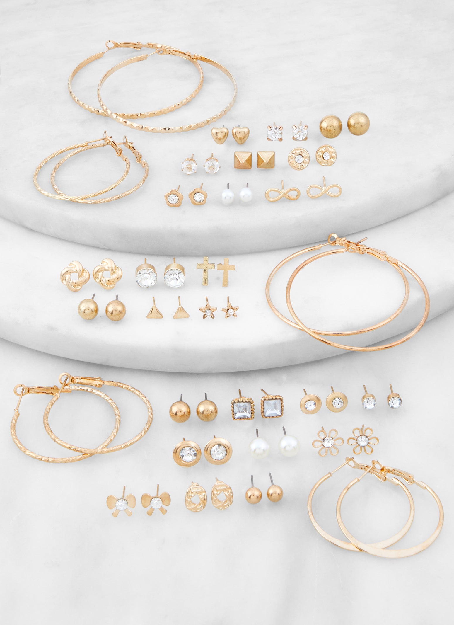 Set of 30 Metallic Rhinestone Stud and Hoop Earrings