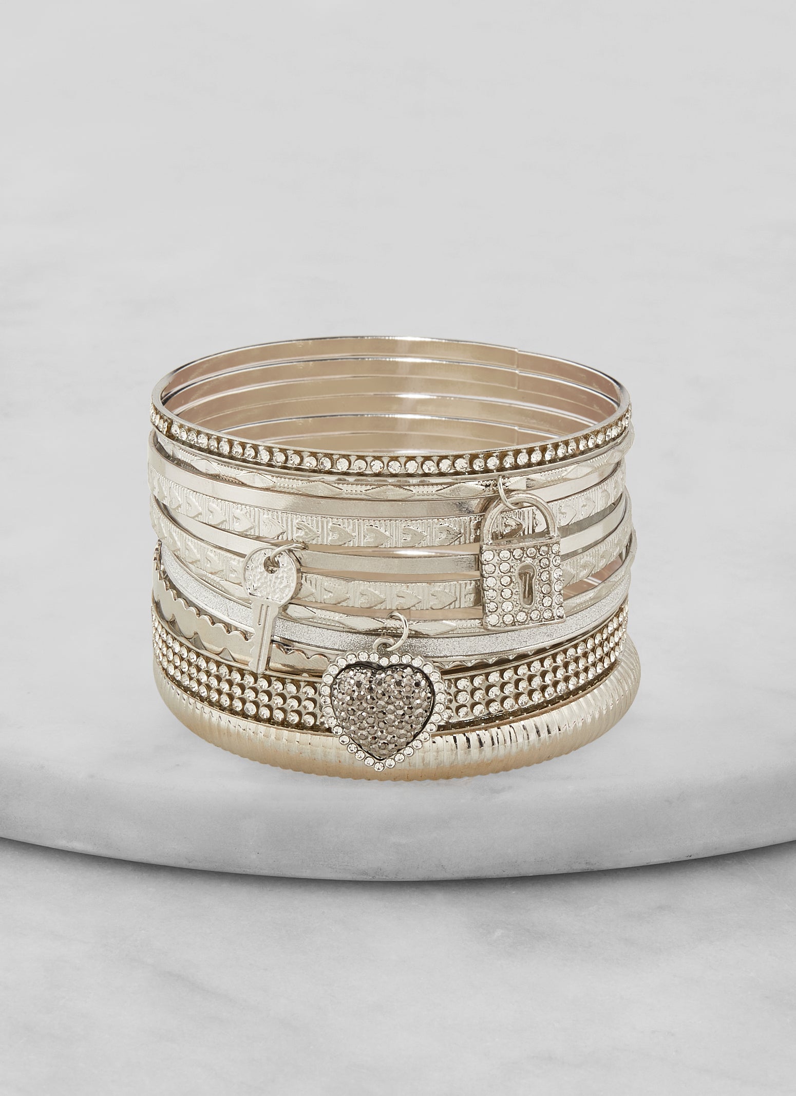 Rhinestone Heart & Lock Charm Bracelet