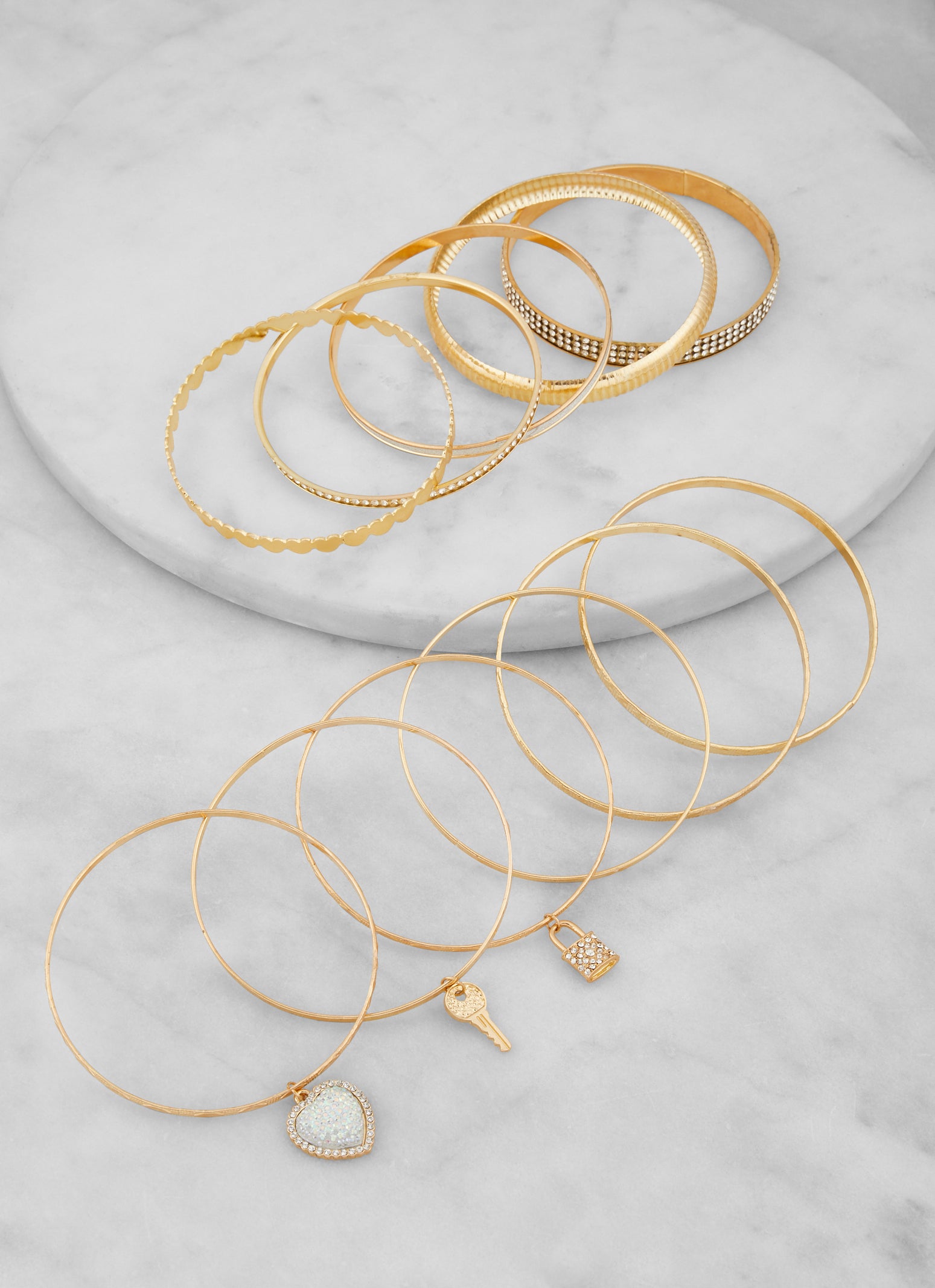 Set of 11 Rhinestone Key Lock Heart Charm Metallic Bangles