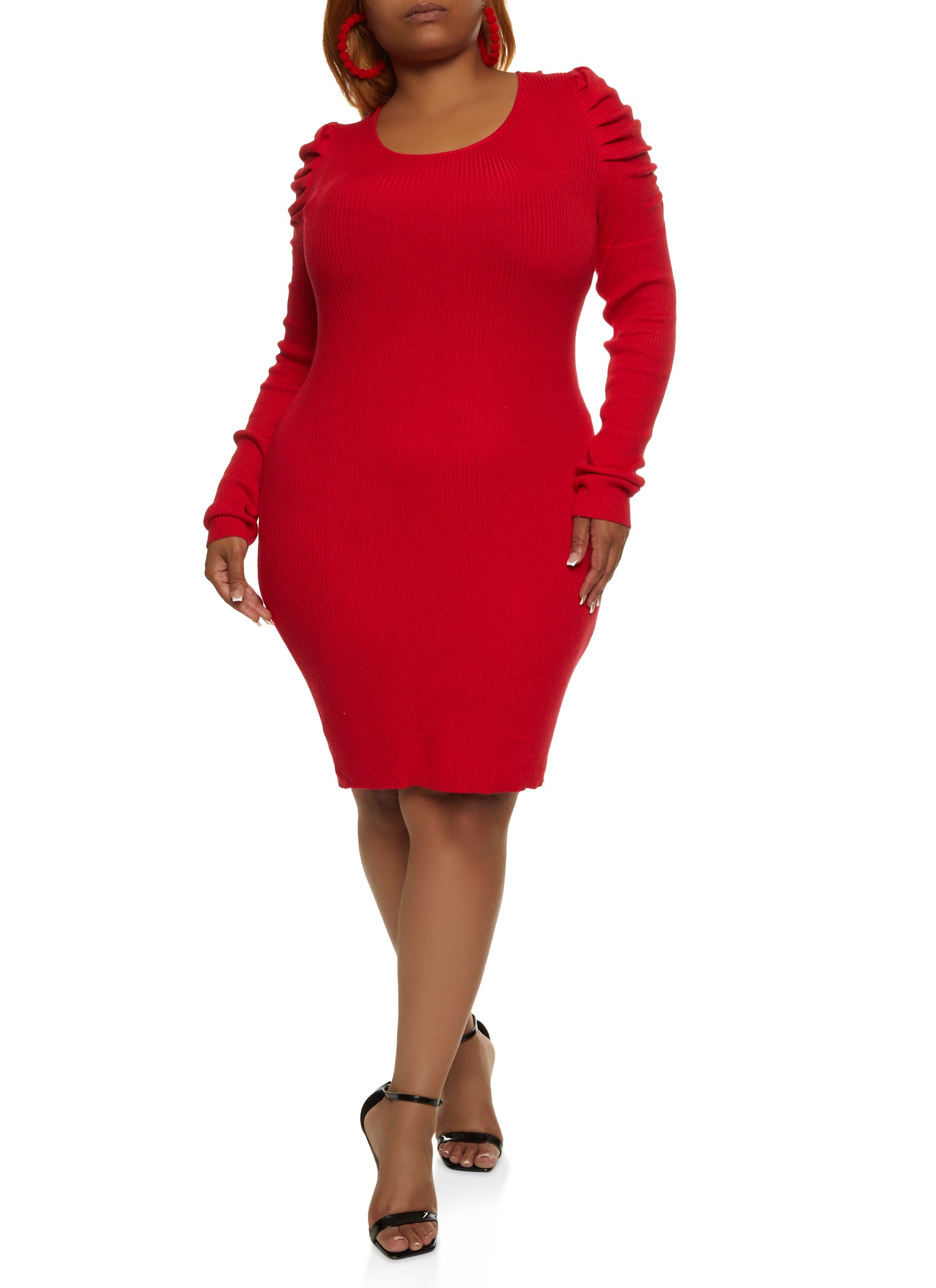 Plus Size Rib Knit Ruched Sleeve Sweater Dress