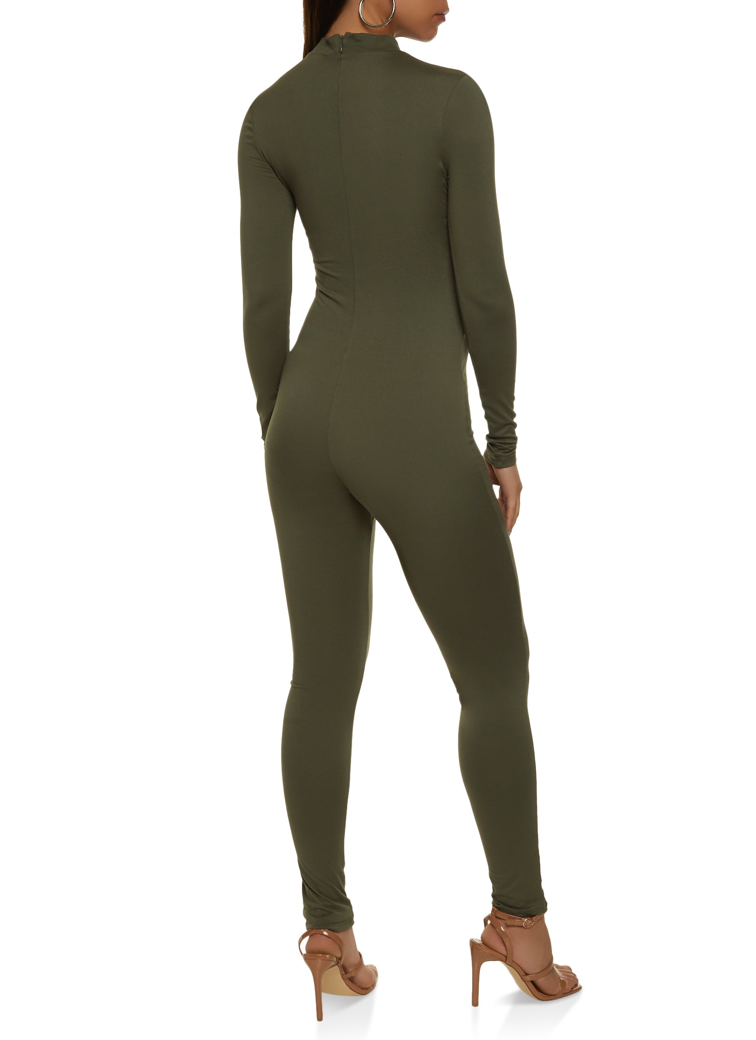 Solid Mock Neck Zip Back Jumpsuit