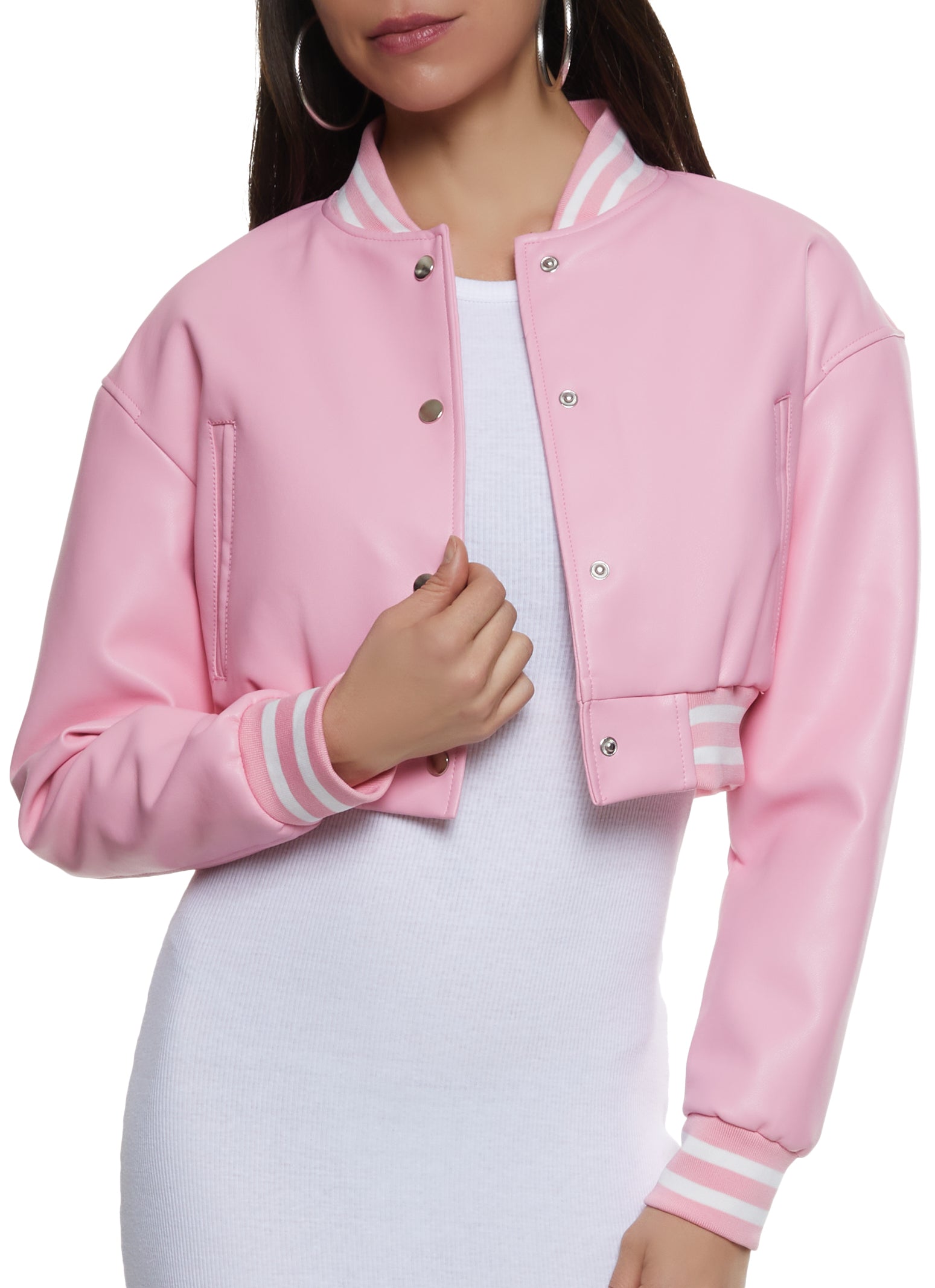 Grafiek Arena Kennis maken Faux Leather Cropped Bomber Jacket - Pink