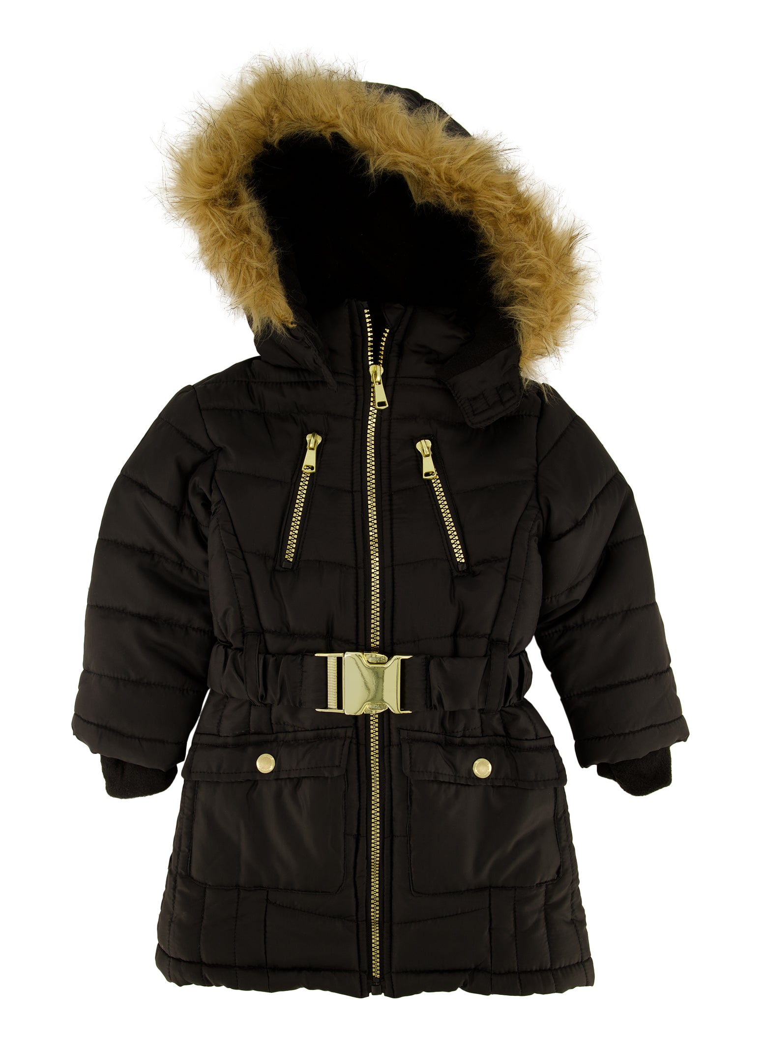 Toddler Girls Zip Front Belted Puffer Jacket