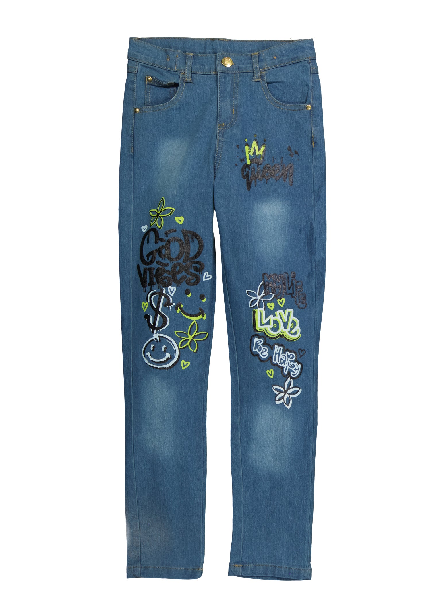 Girls Good Vibes Graffiti Print Jeans, Medium Wash, Size 10 | Rainbow Shops