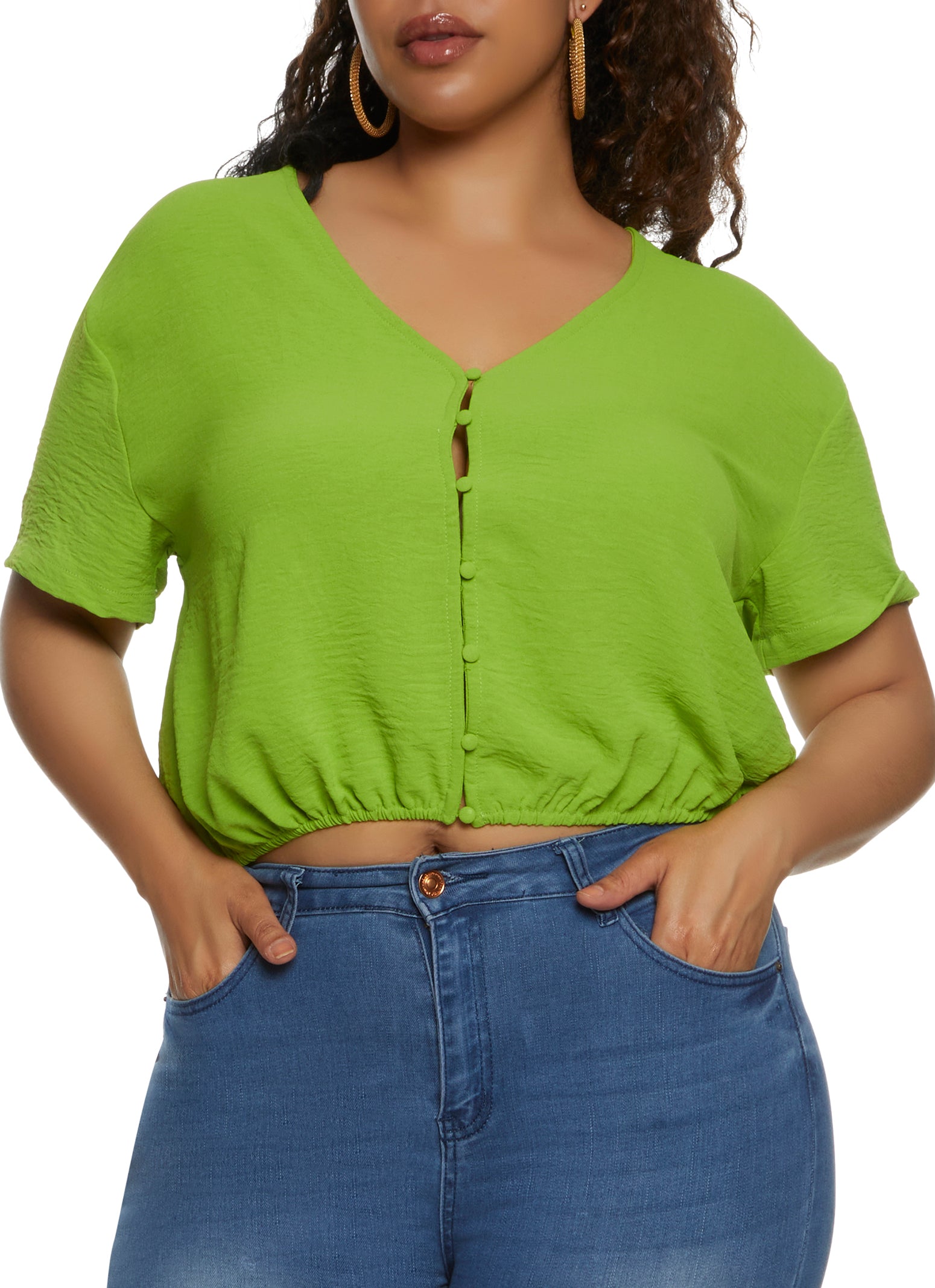 Plus Size Airy Button Front Cropped Blouse -