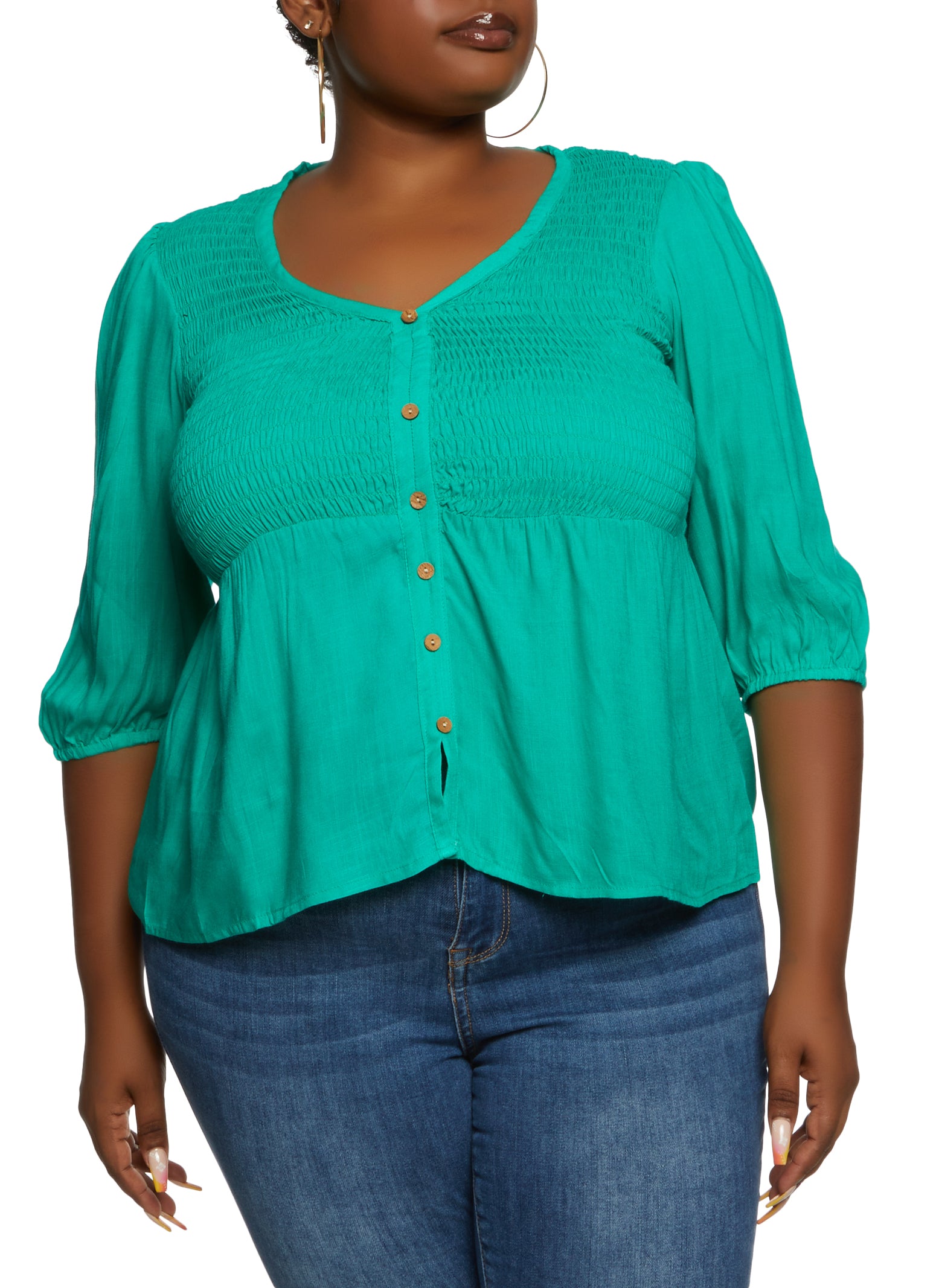 Plus Size Smocked Button Detail Top Kelly Green