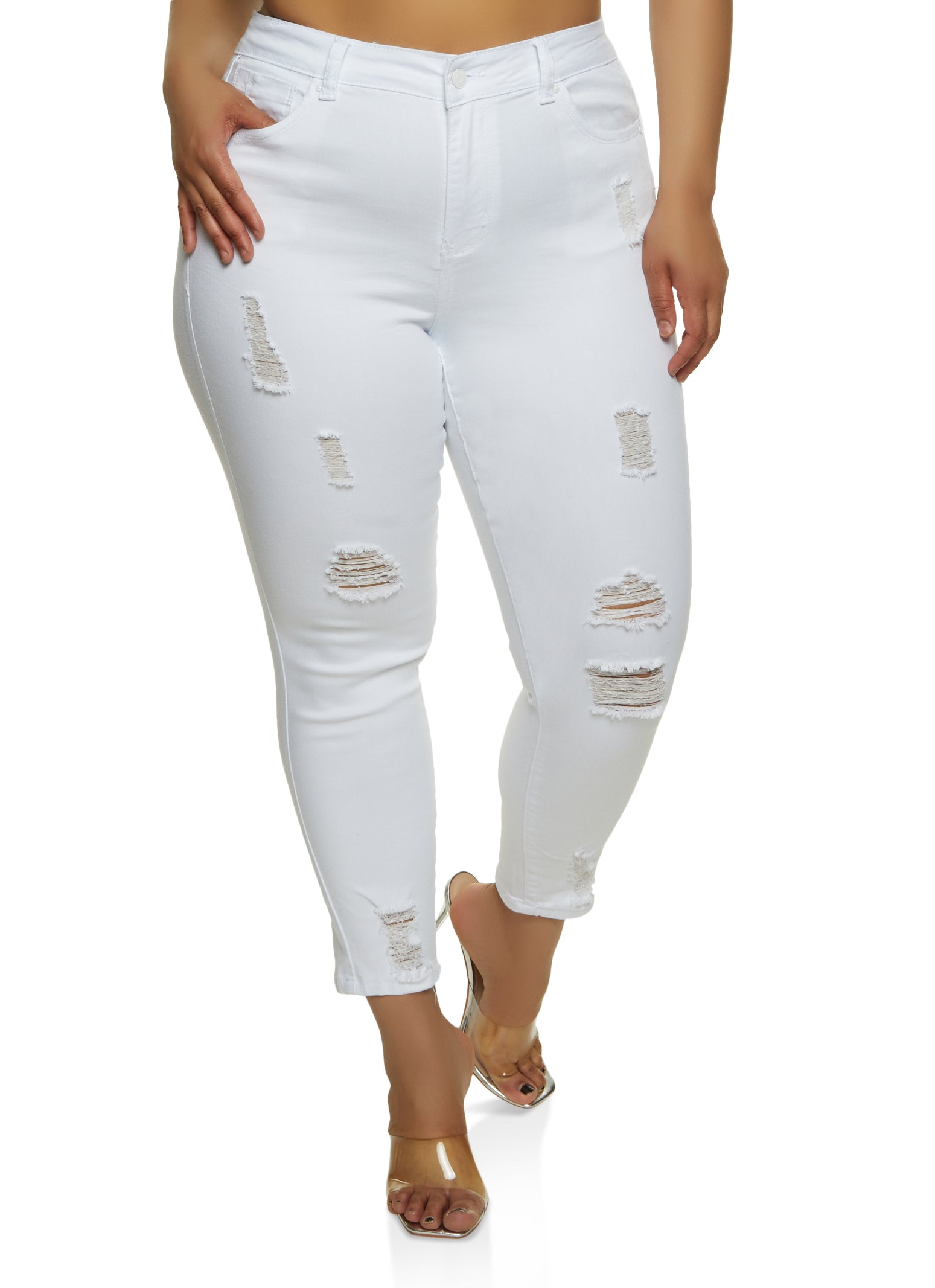 Plus Distressed Push Up Skinny Jeans - White