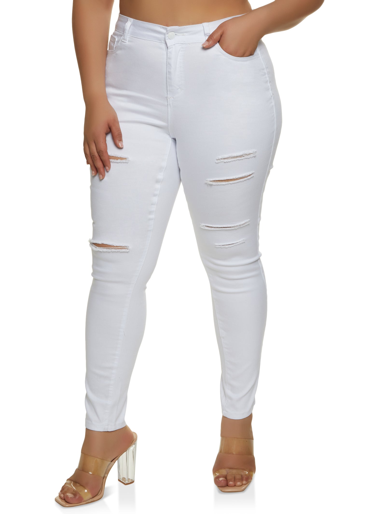 Plus Size Distressed High Waist Jeans - White