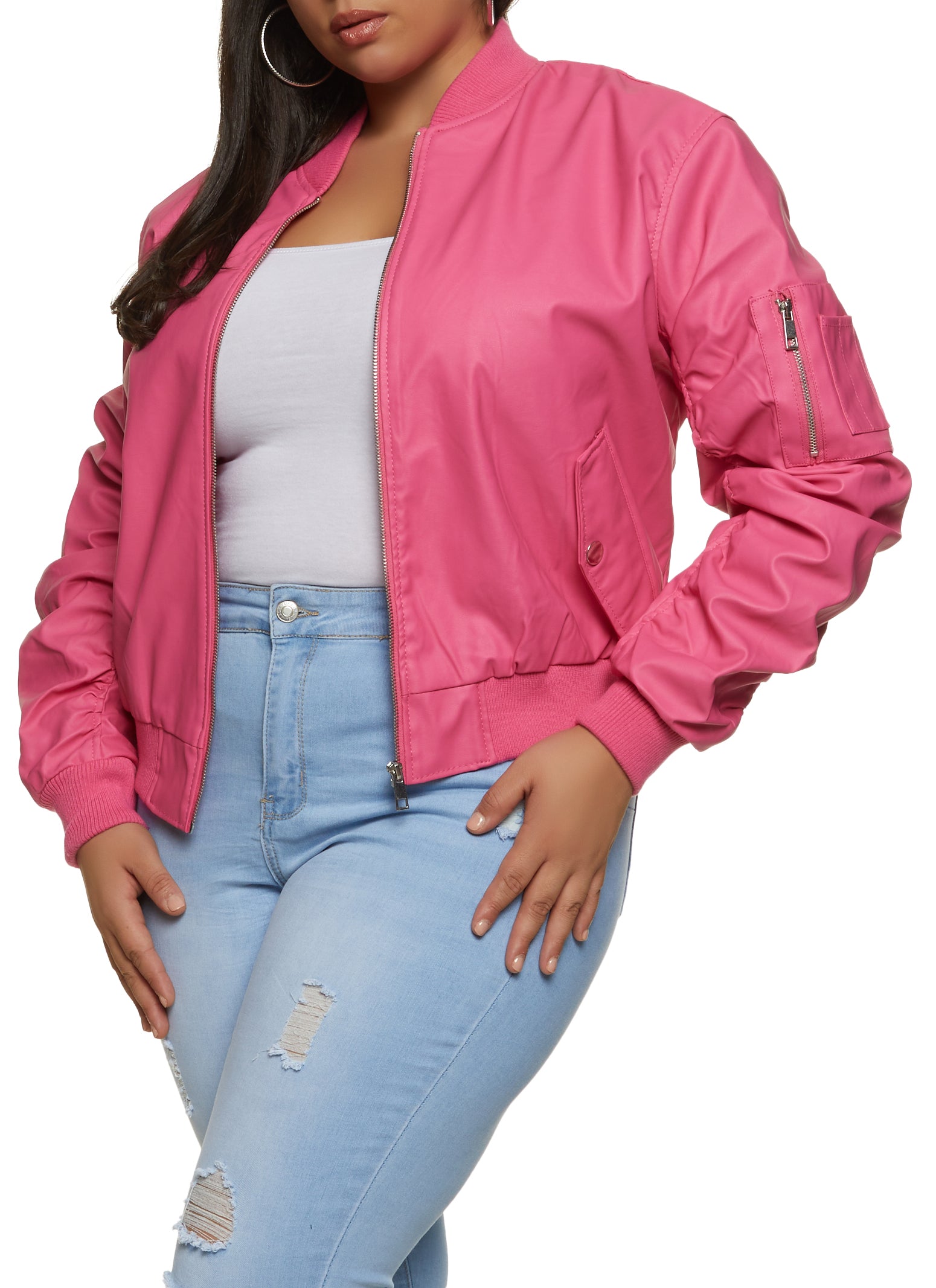 Plus Size Faux Leather Ruched Sleeve Bomber Jacket
