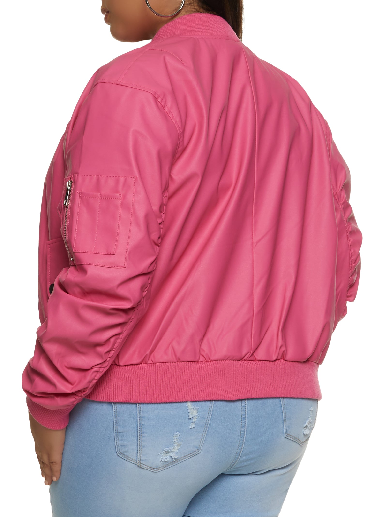 Plus Size Faux Leather Ruched Sleeve Bomber Jacket