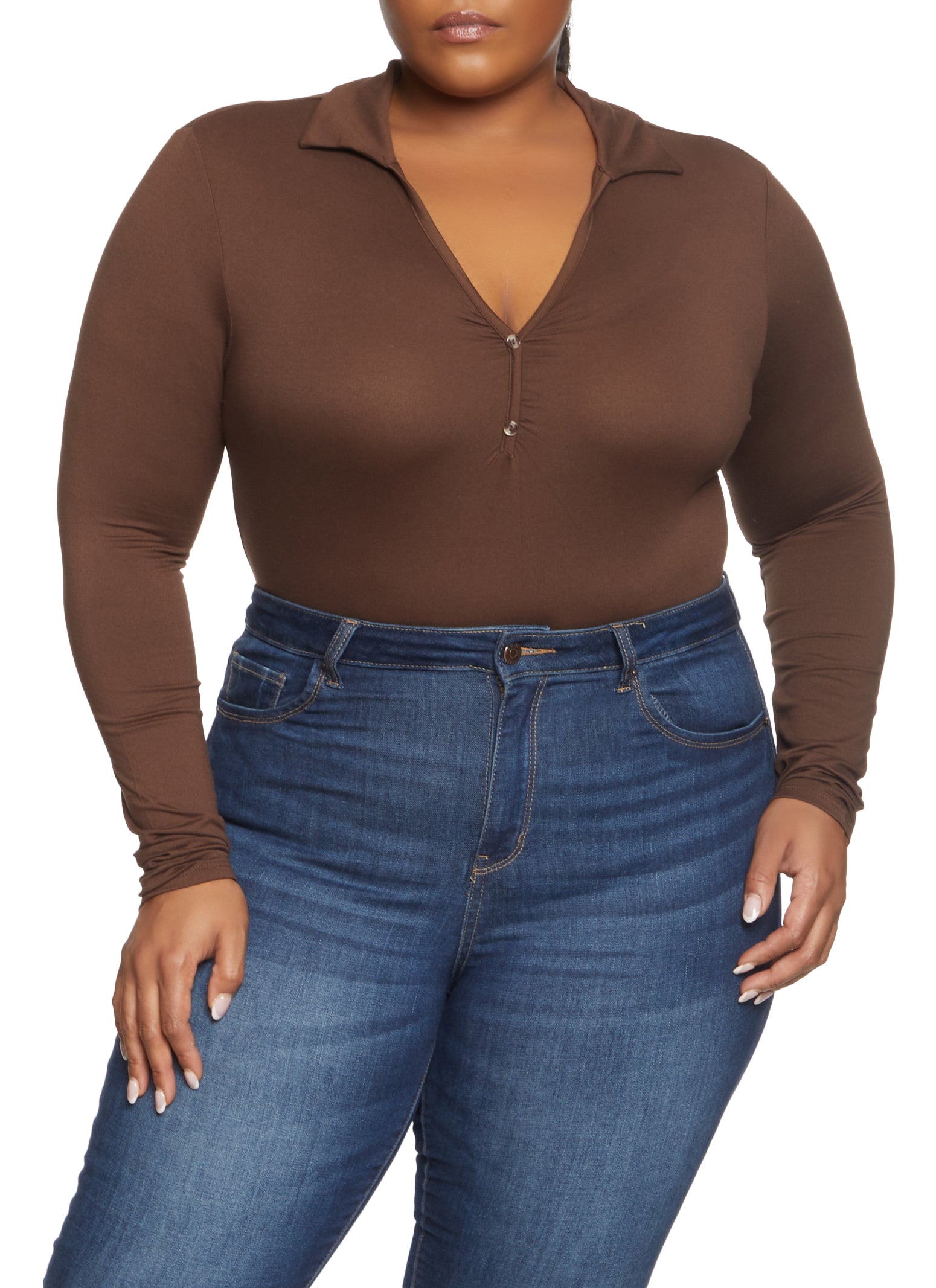 Plus Size Collared Long Sleeve Bodysuit