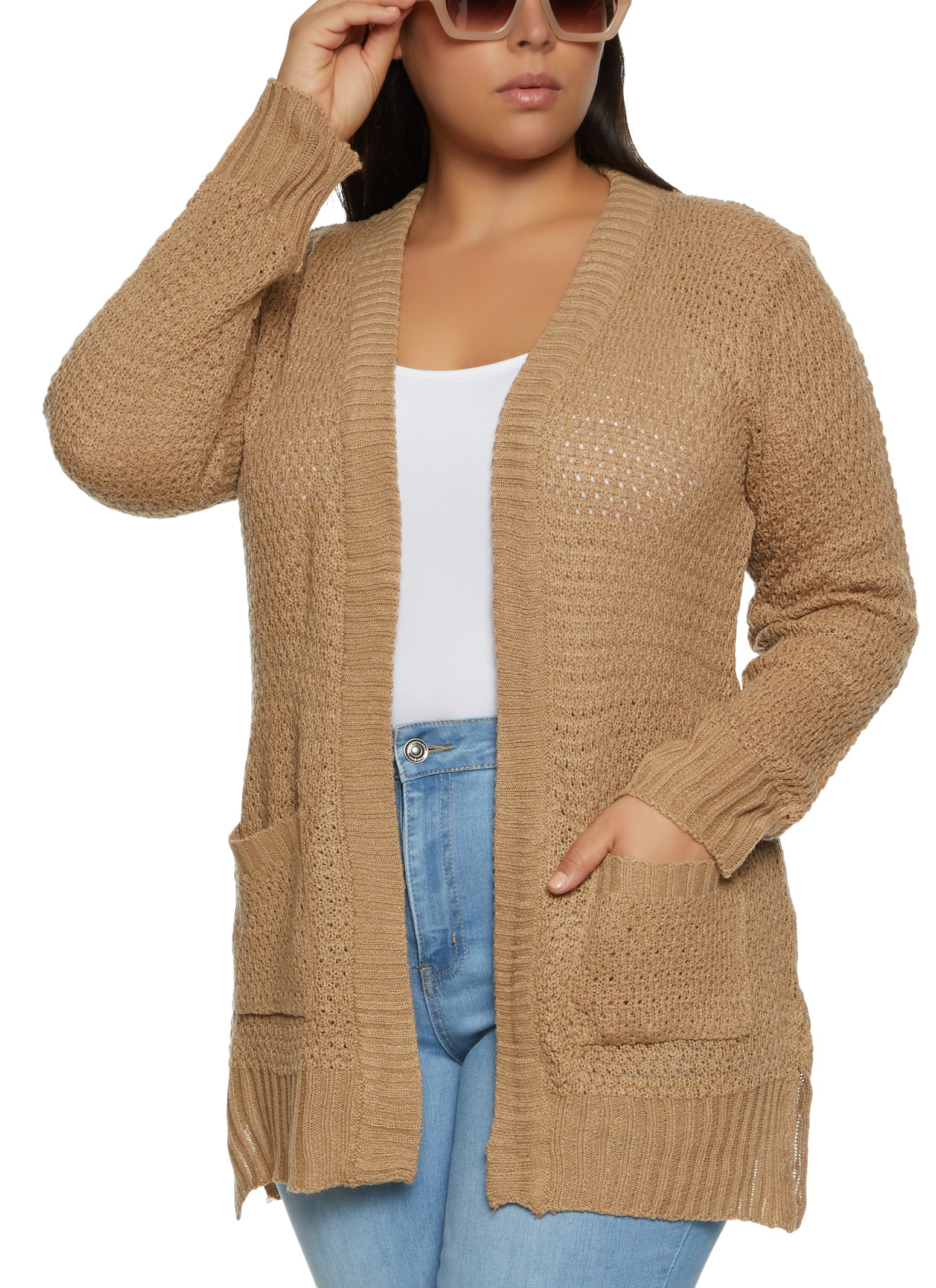 Plus Size Pointelle Knit Open Front Cardigan - Tan