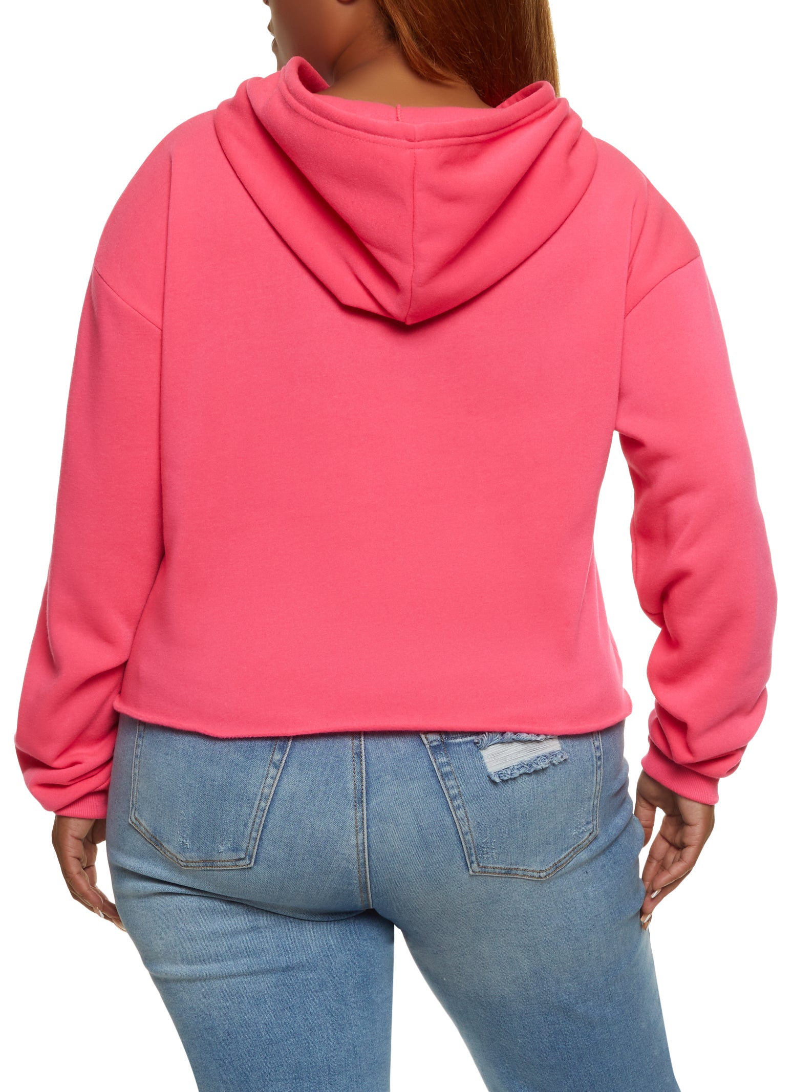 Plus Size Raw Hem Pullover Cropped Hoodie - Fuchsia