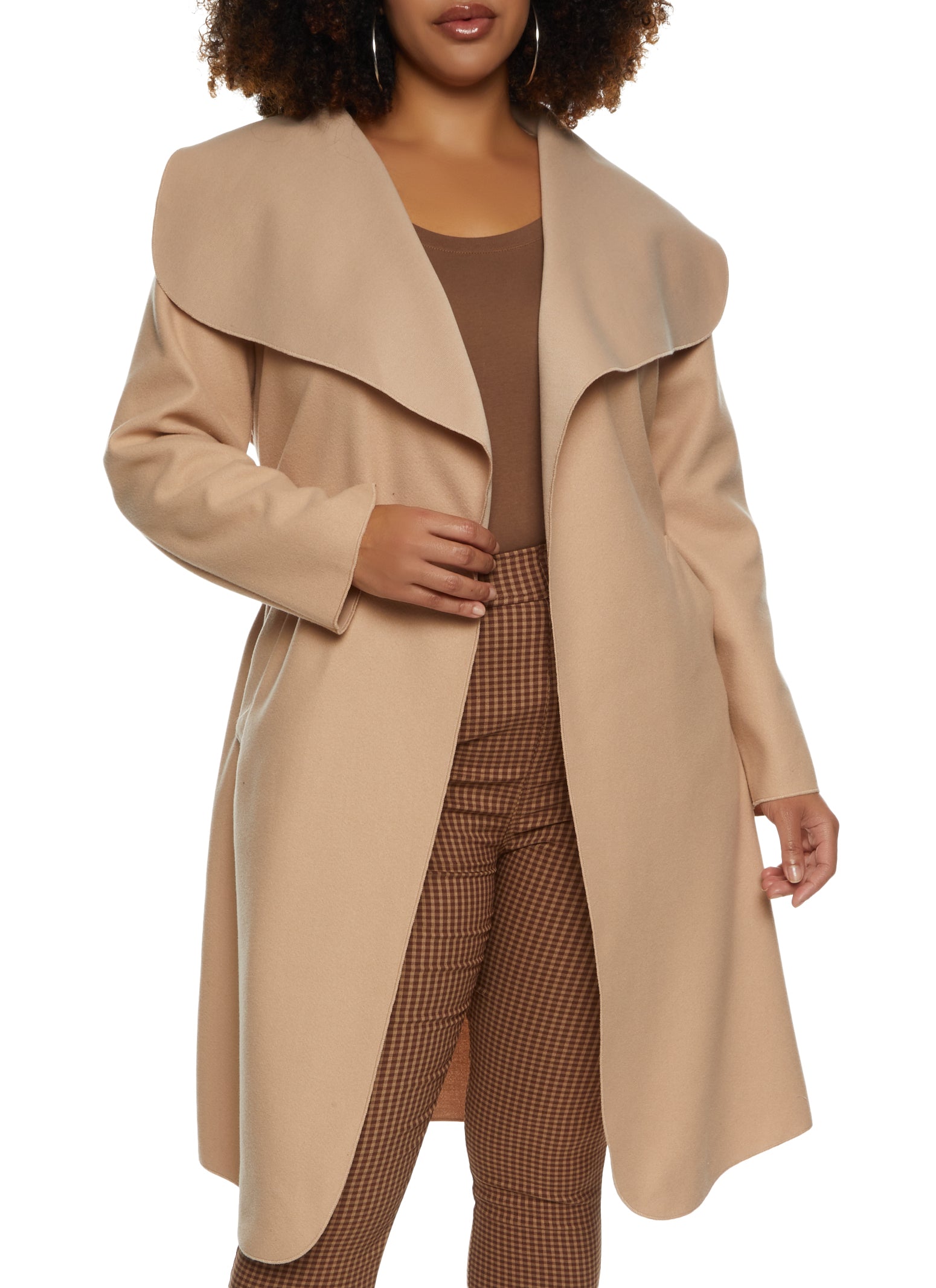 Plus Size Solid Belted Wrap Coat - Tan