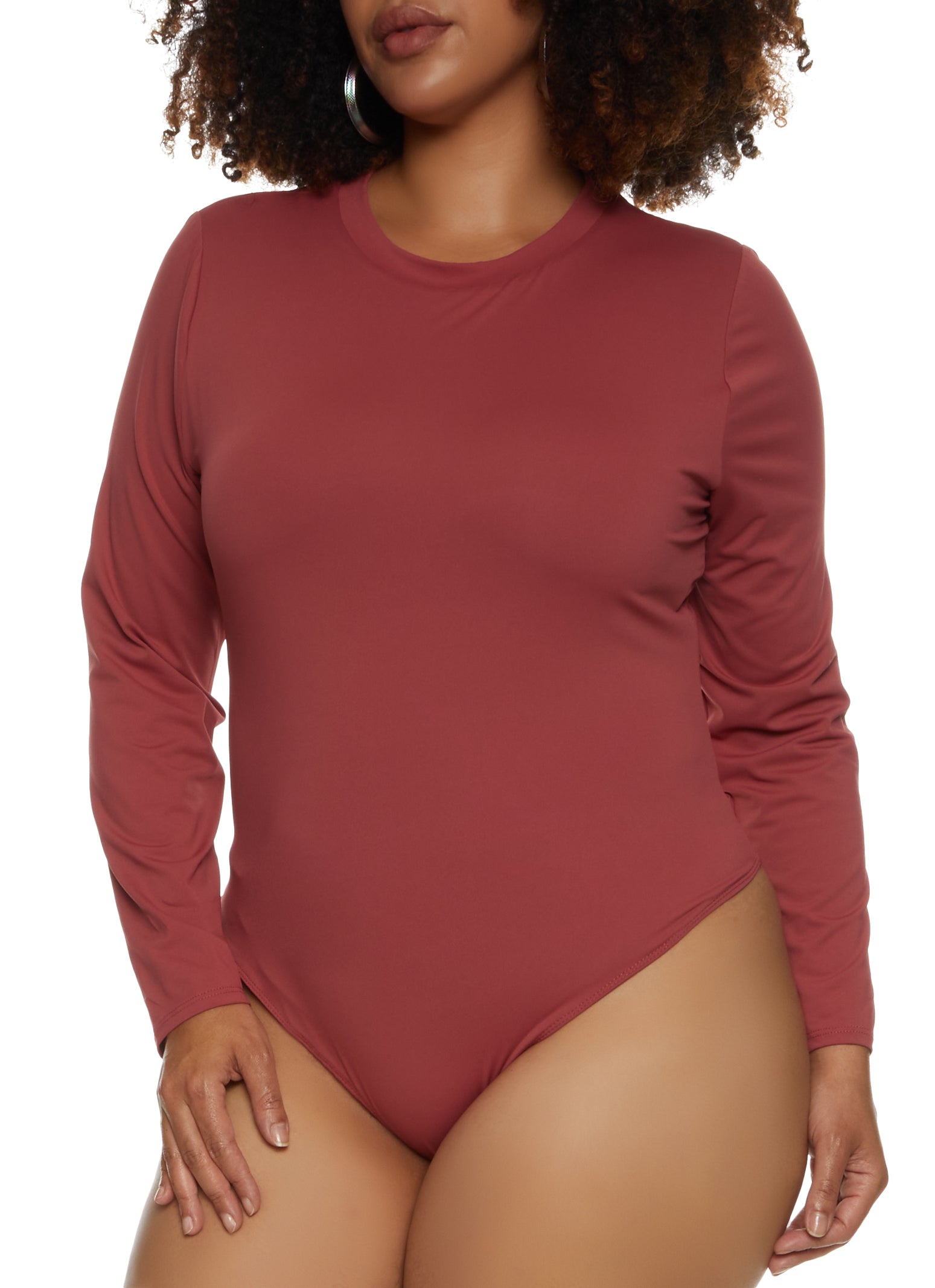 Plus Size Solid Long Sleeve Bodysuit