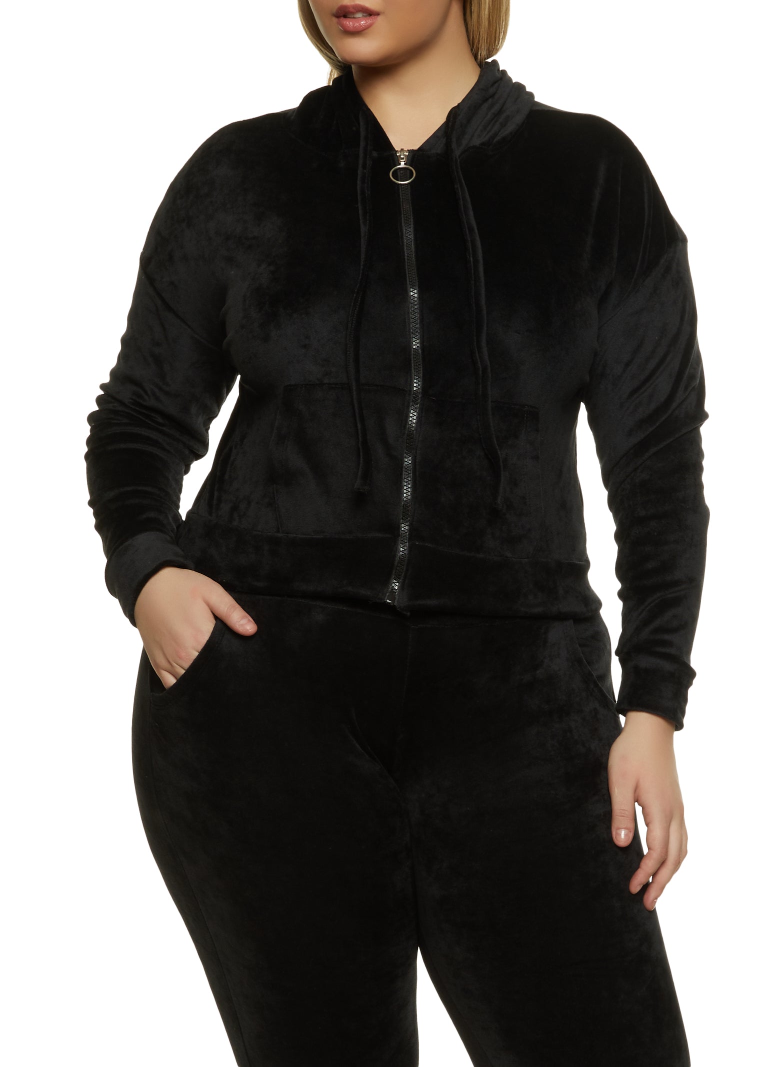 Plus Size Velour Zip Cropped Hoodie