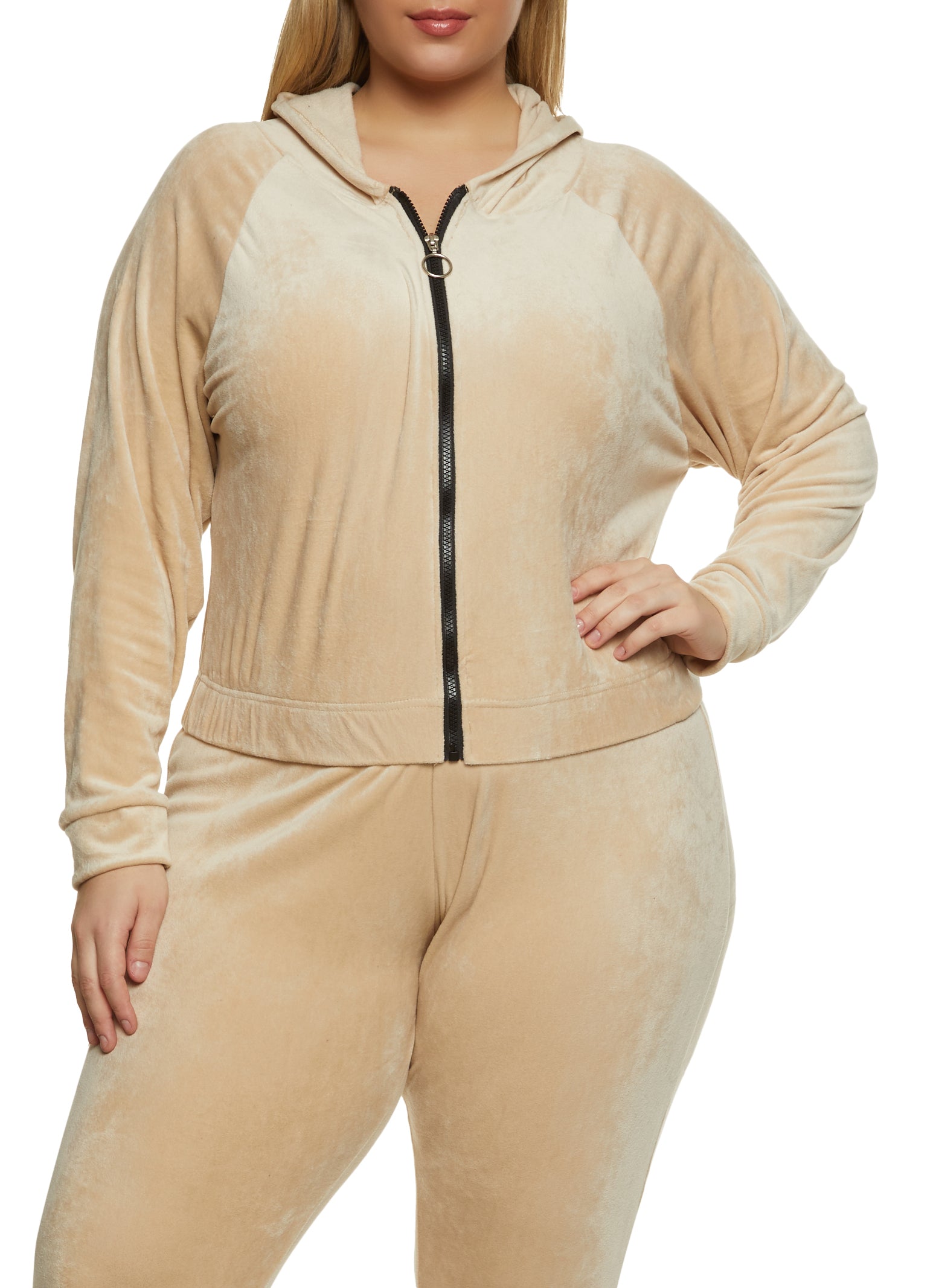 Plus Size Velour Zip Front Cropped Hoodie
