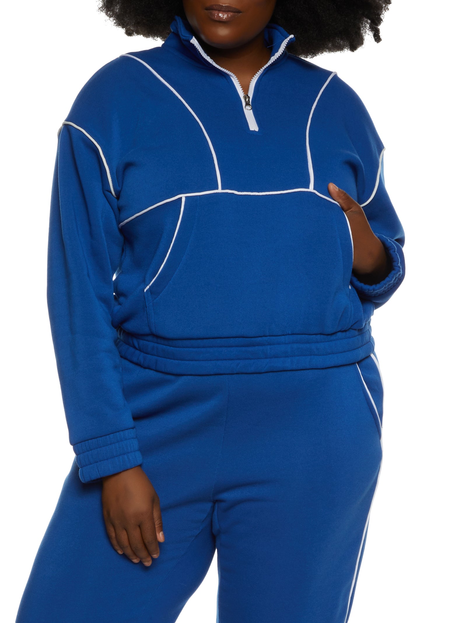 Plus Size Zip Neck Contrast Piping Track Jacket