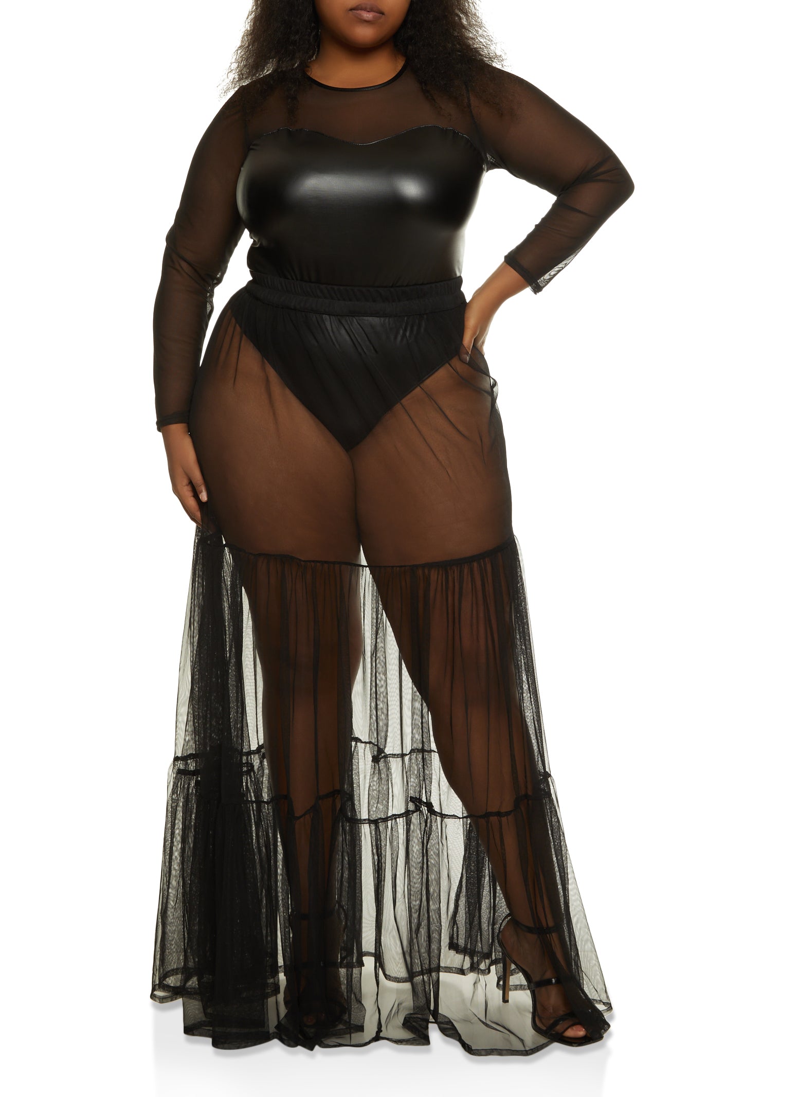 Plus Size Mesh Tiered Maxi Skirt Black