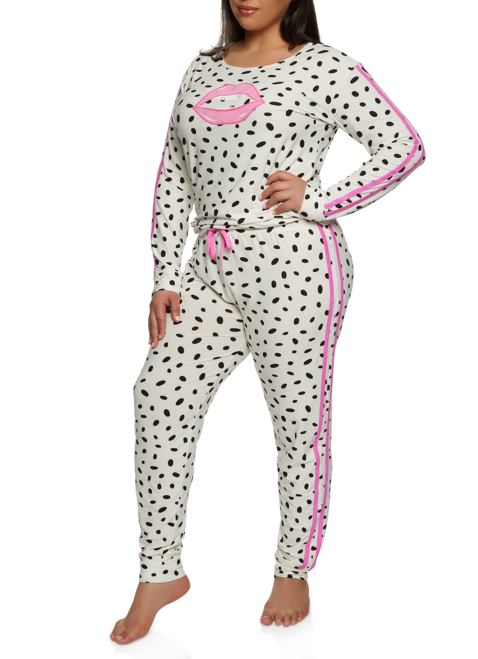 Plus Size Polka Dot Lip Pajama Top and Pants