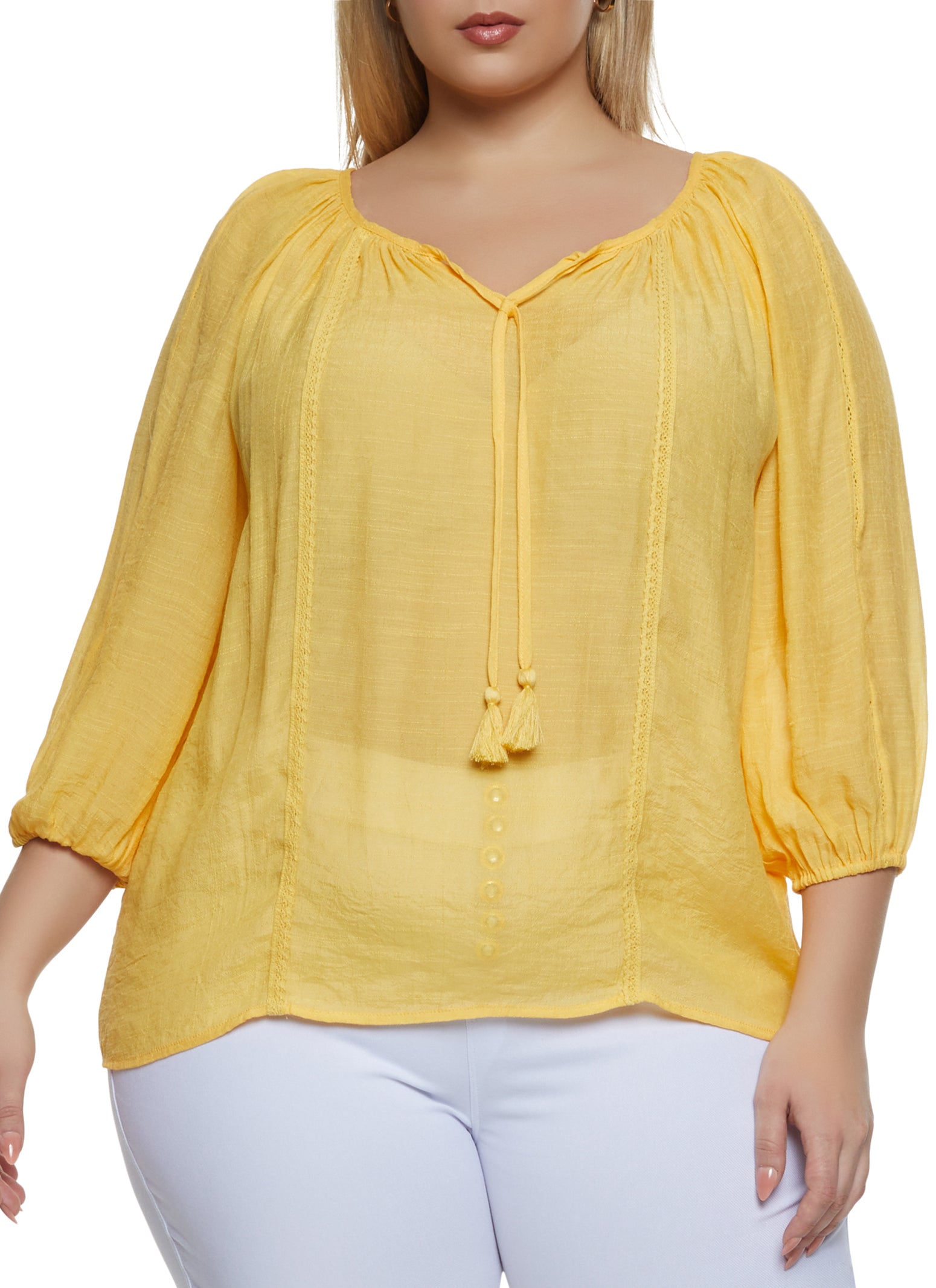 Plus Size Tassel Tie Neck Peasant Top