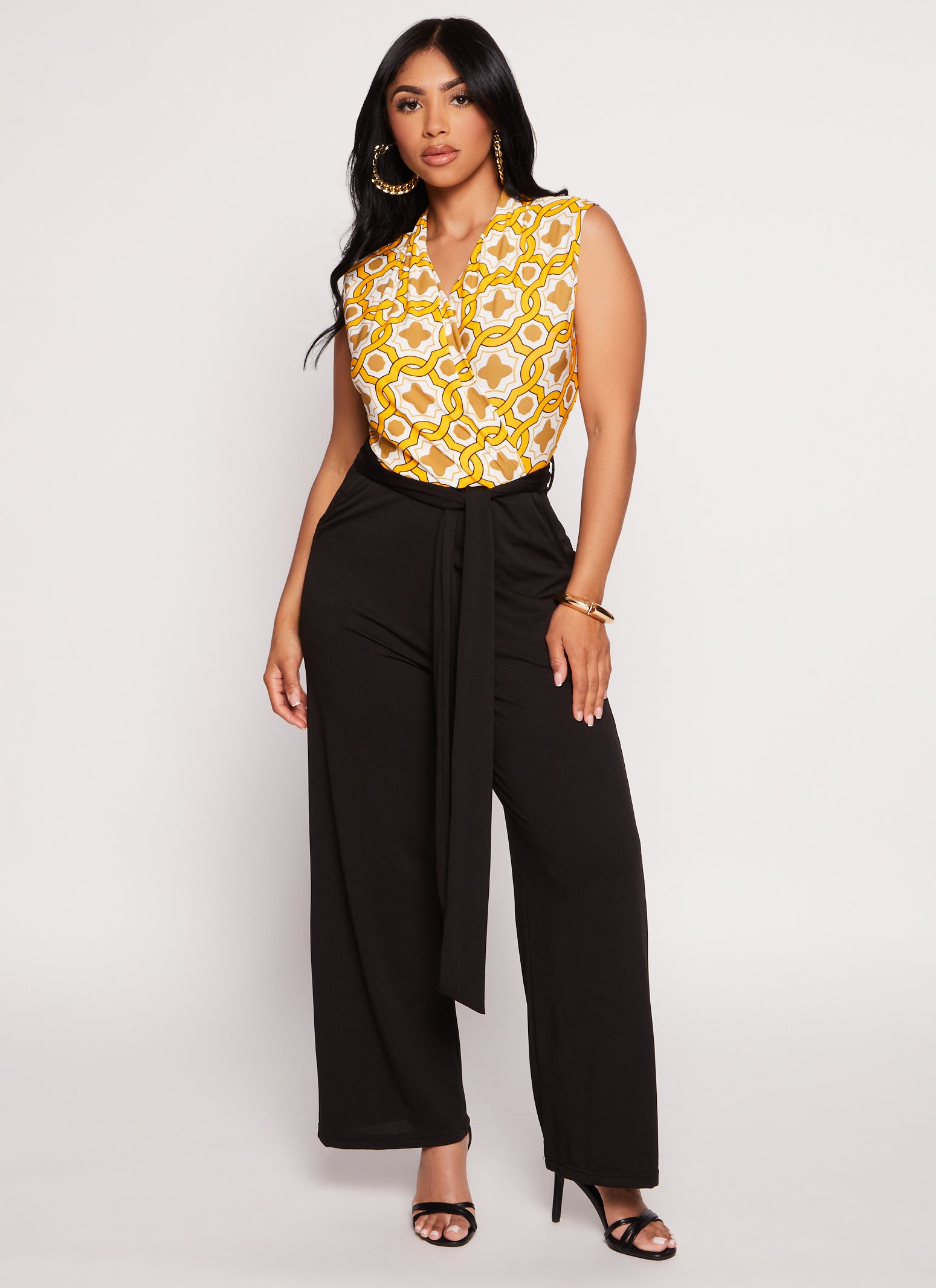 Printed Faux Wrap Tie Waist Jumpsuit
