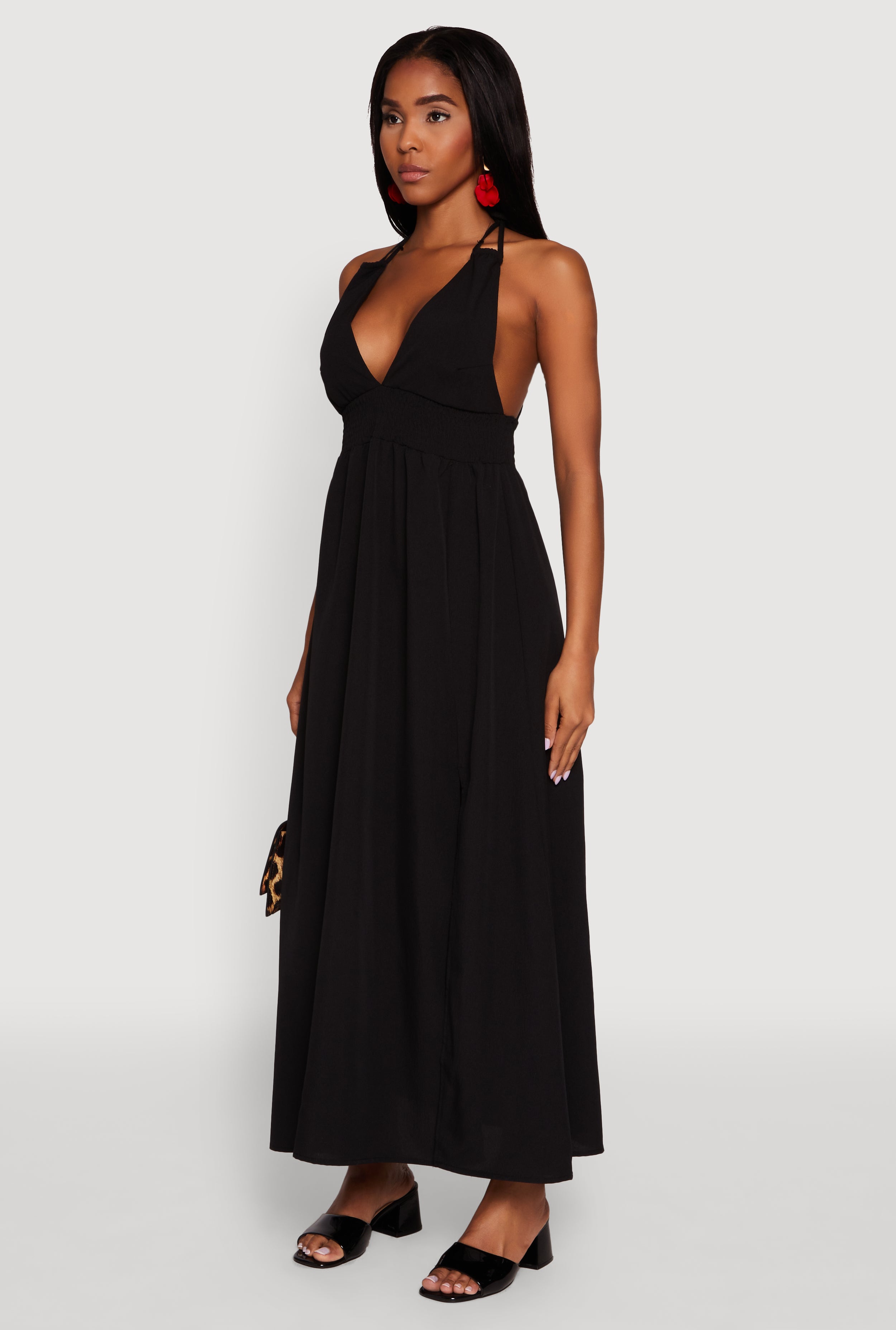 Trendy Plunge Halter Tie Maxi Dress with Criss Cross Back Straps