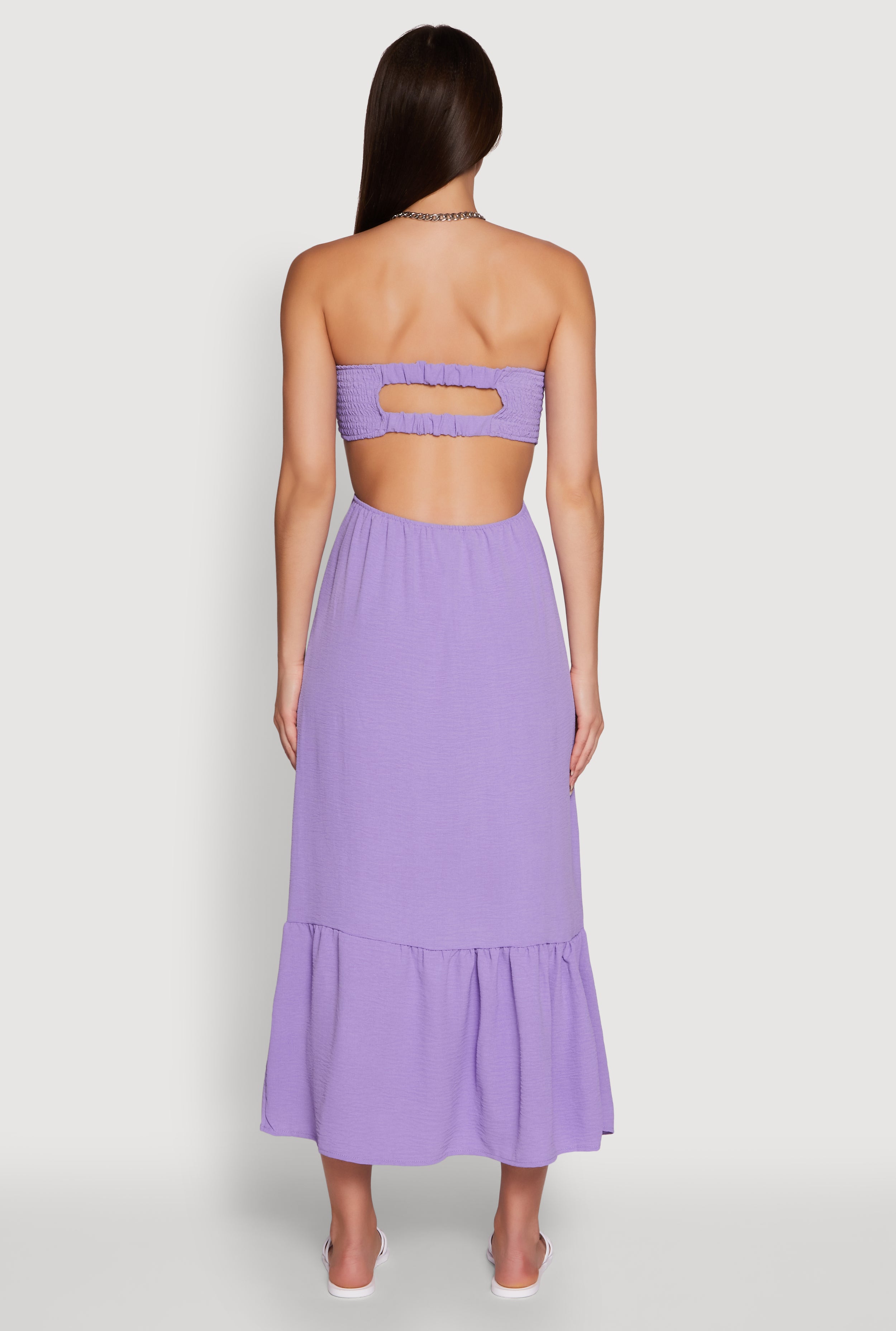 Trendy Smocked Strapless Keyhole Detail Tiered Dress