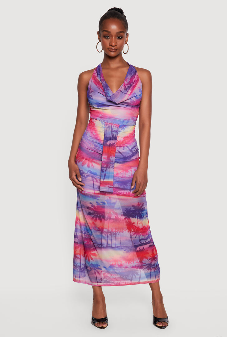 mesh maxi dress festival Zara Strapless Mesh Maxi Dress Large Wavy Print Pastel Festival Boho NWT