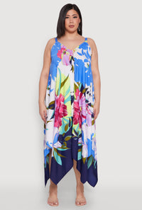 Plus Size Floral Border Print Sharkbite Hem Dress