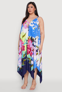 Plus Size Floral Border Print Sharkbite Hem Dress