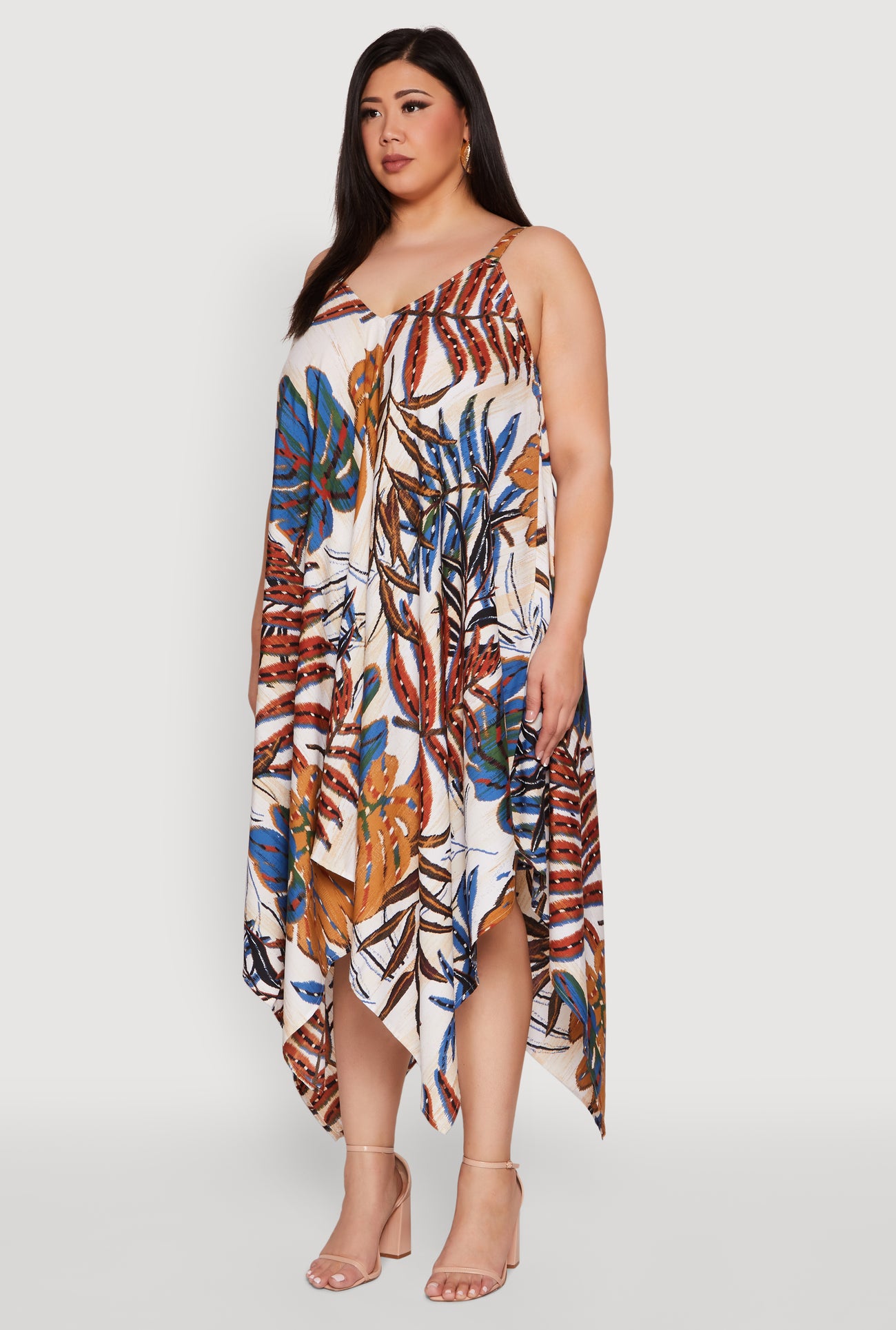 Plus Size Leaf Print Sharkbite Hem Dress