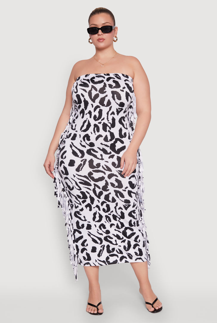 Plus Size Patterned Fringe Side Tube Dress
