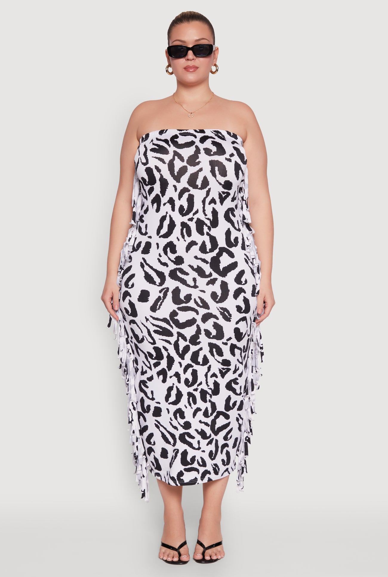 Plus Size Patterned Fringe Side Tube Dress